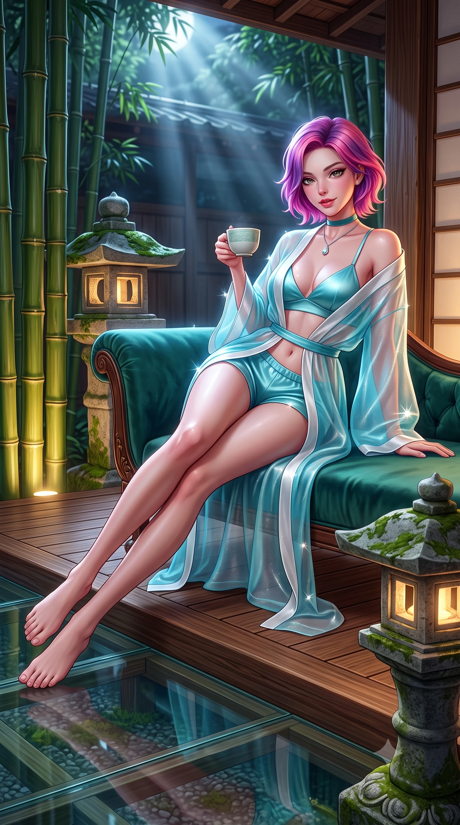 score_9, masterpiece, best quality, ultra-detailed, high-budget anime keyframe, semi-realistic 3D game render, editorial fashion photography, tasteful artistic composition, Caucasian woman. low angle full-body shot from head to toe showing her feet, filling the entire 9:16 vertical frame with her statuesque presence, stretching her vertical silhouette. reclining gracefully across the plush chaise lounge with one leg extended, her sculpted silhouette and flat midriff radiating magnetic nocturnal glamour while sitting gracefully on the cedar walkway threshold with legs extended, holding a modern ceramic tea cup with an alluring, parted-lip smile. The surrounding environment is rendered in vivid detail and crisp panoramic clarity: sharp textured green bamboo joint rings, mossy stone lantern carving, and clear glass walkway joints in deep focus. She has an absolutely perfect, statuesque 8.5-heads proportion, an exceptionally tall and slender model-like female figure with impossibly long slender legs, an ultra-slim waist, a flat toned midriff, narrow delicate ribcage, and beautifully sculpted feminine hips creating a graceful, slim hourglass silhouette without any bulky heaviness. sharp v-shaped jawline, high-bridge nose, sparkling eyes with hypnotic seductive depth, thick curled eyelashes, glossy parted lips with a natural dewy peach sheen, alluring bedroom-eyes with an enchanting coquettish smile, exuding magnetic siren charisma and sophisticated glamour, flawlessly proportioned anatomical accuracy, strict slender model proportions, natural body alignment, perfectly sculpted long slender limbs, ultra-slim waistline, clean dynamic posture without body distortion. wearing a sheer silk organza modern kimono robe worn loose and slipping off bare shoulders over a matching satin bralette and micro-shorts in Capri turquoise and pure pearl white, woven from stretch metallic lurex jersey casting radiant starlight glints across her silhouette, finished with a thin velvet ribbon choker and a single teardrop diamond pendant, the second-skin tailored fabric adhering flawlessly to her sculpted flat midriff and slender torso, emphasizing her long leg lines and perfectly proportioned willowy build. bathed in soft 2700K warm upward spotlights illuminating the bamboo bases combined with cool silver moonbeams filtering through the canopy. highly saturated vibrant anime colors, detailed shading with soft gradients, rich glossy textures, high-contrast stereoscopic depth, volumetric dynamic lighting, master piece, 9:16 ratio
