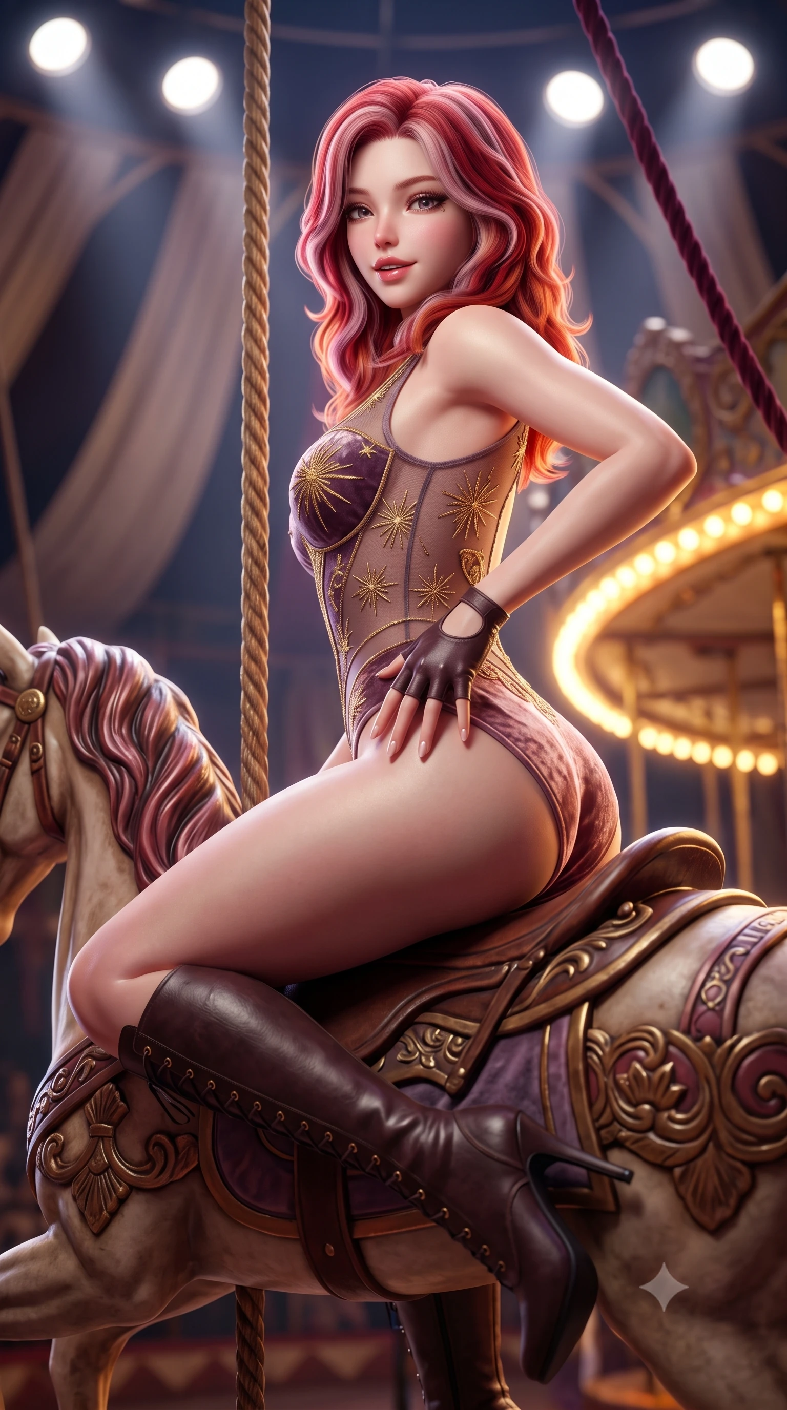 score_9, masterpiece, best quality, ultra-detailed, high-budget anime keyframe, semi-realistic 3D game render, editorial fashion photography, tasteful artistic composition, Caucasian woman. close-up cowboy shot from the waist and thighs up, the character dominates the composition, filling the frame with her large presence. resting one manicured hand delicately on her hip bone, her upper body turning in a fluid, seductive S-curve while parted lips glisten in the light while perching sideways on the saddle of an antique carousel horse, looking back over a bare shoulder with an intoxicating, teasing smile. The composition keeps background elements in soft focus with creamy bokeh. looming circus tent canvas arches and velvet rigging ropes softened in theatrical shallow focus. She has an exceptionally elegant, slender, and willowy female figure with an ultra-slim waist, a gracefully sculpted slender torso, toned flat midriff, and rounded feminine hips creating an alluring hourglass silhouette. sharp v-shaped jawline, high-bridge nose, intricate jewel-like eyes with depth, thick eyelashes, glossy parted lips with a natural sheen, intensely captivating and seductive bedroom-eyes expression, flawlessly proportioned anatomical accuracy, strict slender model proportions, natural body alignment, perfectly sculpted long slender limbs, ultra-slim waistline, clean dynamic posture without body distortion. wearing a sheer vintage mesh acrobat leotard adorned with gold starburst embroidery over opaque silk in dusky plum violet and antique rose gold, crafted from heavyweight crushed silk velvet with liquid luster, accessorized with knee-high stiletto lace-up boots and fingerless leather gloves, the liquid-tight tailored fabric clinging flawlessly to her narrow waist and rounded feminine hips, emphasizing every millimeter of her sculpted hourglass curves during movement. bathed in dramatic overhead circular spotlight beams and warm golden carousel perimeter glow. highly saturated vibrant anime colors, detailed shading with soft gradients, rich glossy textures, high-contrast stereoscopic depth, volumetric dynamic lighting, master piece, 9:16 ratio
