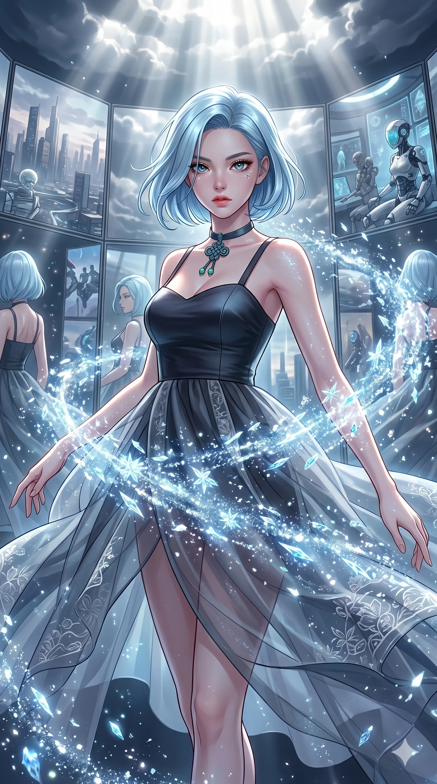 score_9, masterpiece, best quality, ultra-detailed, high-budget anime keyframe, editorial fashion photography, tasteful artistic composition, Korean woman. upper body close-up from the thighs up, character filling the screen for maximum presence. spinning in the center of through a surreal mirror gallery where reflections show alternative futuristic timelines while delicate glowing ice crystals scatter in a glittering vortex. She has an absolutely perfect 8-heads proportion, an exceptionally tall and slender female figure with impossibly long slender legs and an ultra-slim waist. V-shaped jawline, high-bridge nose, intricate jewel-like eyes with depth, thick eyelashes, glossy lips with a natural sheen.. wearing a modern fusion silk hanbok dress, featuring a silk bustier top, layered sheer organza skirts, and a traditional knot choker. bathed in dramatic god rays filtering through clouds with high specular highlights along her silhouette. 2k, ultra detail, master piece, 9:16 ratio