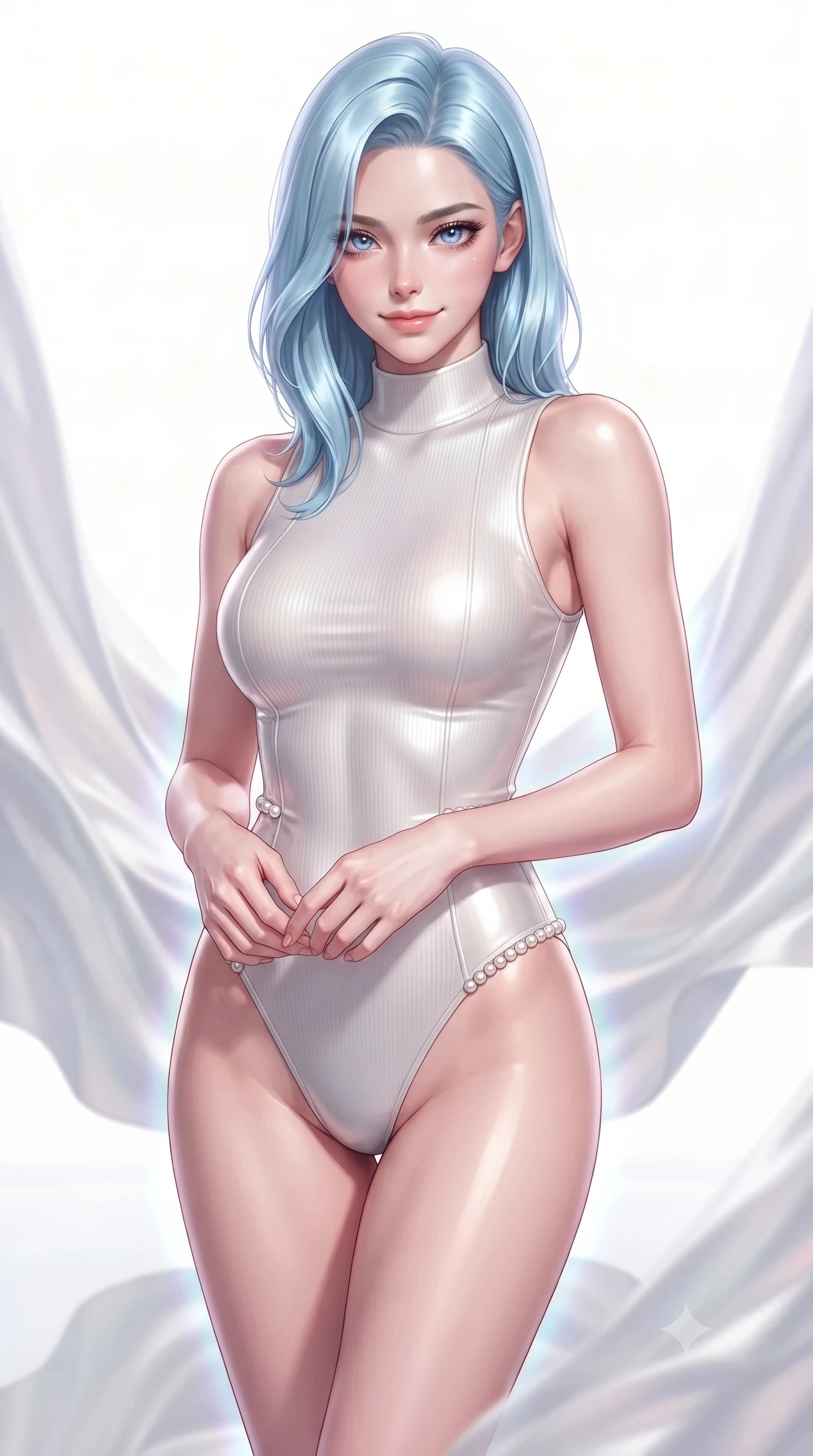 score_9, masterpiece, best quality, ultra-detailed, high-budget anime keyframe, editorial fashion photography, tasteful artistic composition, Korean woman. close-up cowboy shot from the waist and thighs up, the character dominates the composition, filling the frame with her large presence, background elements kept in soft focus. Smiling with quiet, magnetic self-assurance directly into the camera, standing on a polished mirror floor surrounded by zero-gravity silk drapes, pure white void background providing absolute focus on character and outfit. She has an exceptionally elegant, slender, and willowy female figure with an ultra-slim waist, a gracefully sculpted slender torso, and a refined silhouette. sharp v-shaped jawline, high-bridge nose, intricate jewel-like eyes with depth, thick eyelashes, glossy lips with a natural sheen. wearing sleek high-neck ribbed activewear bodysuit in pearl white in glowing ivory, made of high-gloss liquid pearl vinyl, adorned with minimalist pearl hardware framing the waistline, accentuating her gracefully sculpted slender torso. surrounded by a luminous iridescent aura with soft rim lights. highly saturated vibrant anime colors, detailed shading with soft gradients, rich glossy textures, high-contrast stereoscopic depth, volumetric dynamic lighting, master piece, 9:16 ratio