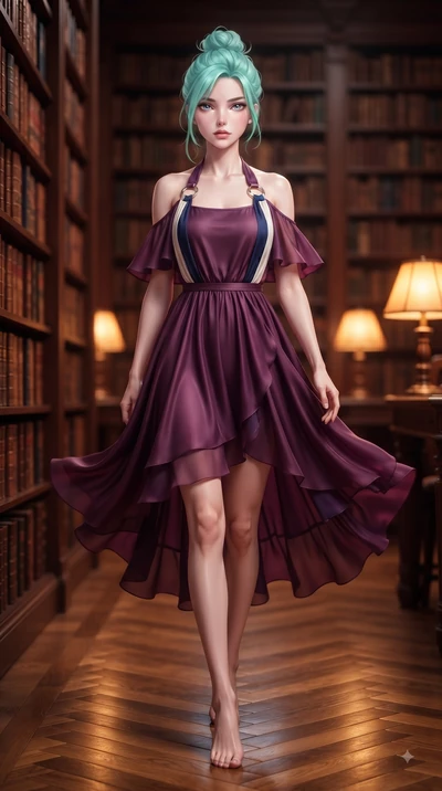 score_9, masterpiece, best quality, ultra-detailed, high-budget anime keyframe, editorial fashion photography, tasteful artistic composition, Japanese woman. low angle full-body shot from head to toe showing her feet, filling the entire 9:16 vertical