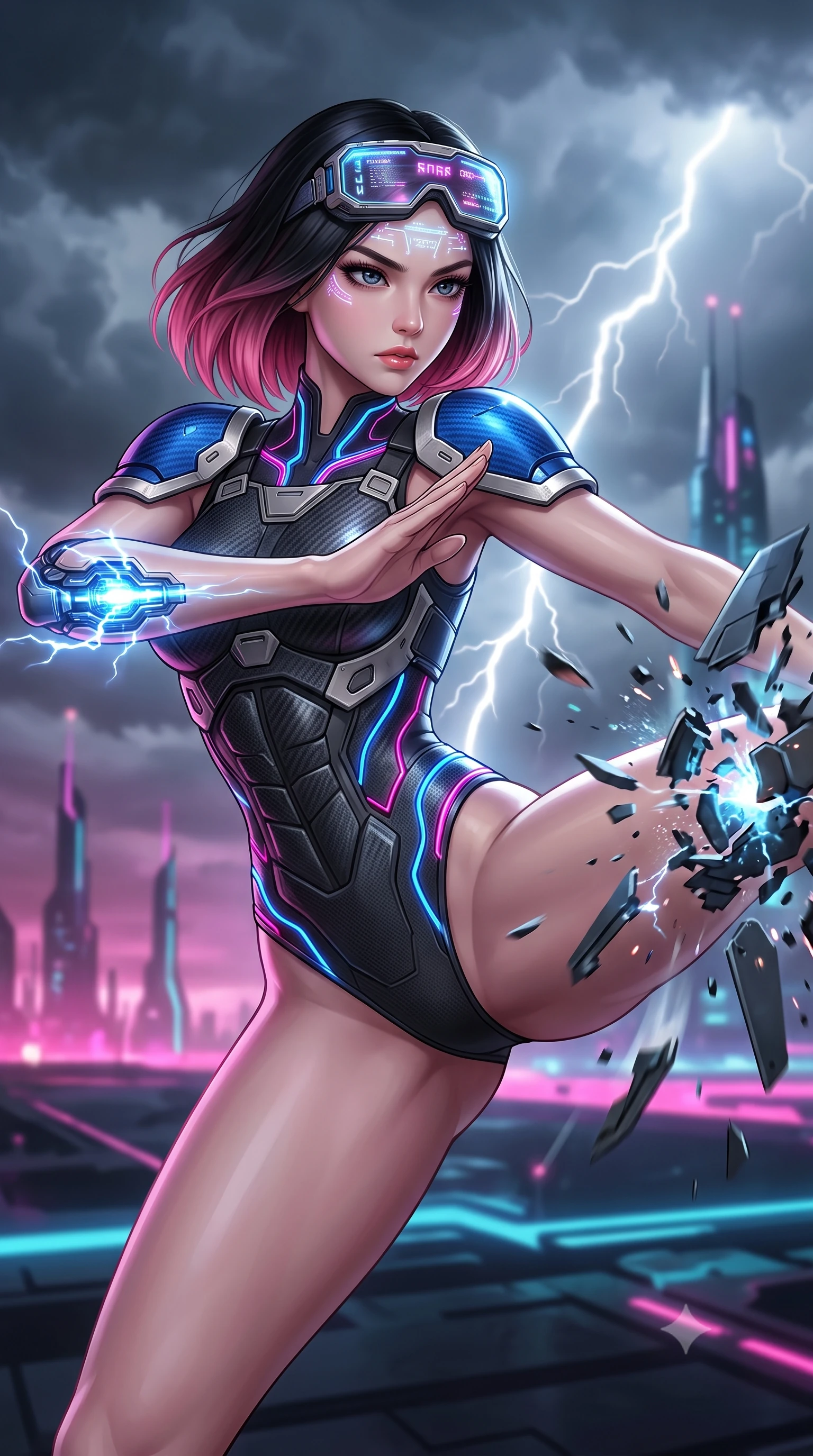 score_9, masterpiece, best quality, ultra-detailed, high-budget anime keyframe, semi-realistic 3D game render, editorial fashion photography, tasteful artistic composition, Korean woman. close-up cowboy shot from the waist and thighs up, the character dominates the composition, filling the frame with her large presence. twisting her upper body in a dynamic S-curve martial arts stance, cybernetic elbow dampers glowing with blue energy as she aims a focused palm strike while delivering a high-velocity flying side-kick that shatters a defense drone mid-air against the stormy clouds. The composition keeps background elements in soft focus with creamy bokeh. violent storm clouds and distant glowing city spires blurred into clean slate-blue, magenta, and dark charcoal bokeh. She has an exceptionally elegant, slender, and willowy female figure with an ultra-slim waist, a gracefully sculpted slender torso, toned flat midriff, and a refined slim silhouette. sharp v-shaped jawline, high-bridge nose, intricate jewel-like eyes with depth, thick eyelashes, glossy lips with a natural sheen, fierce and resolute heroine expression, flawlessly proportioned anatomical accuracy, strict slender model proportions, natural body alignment, perfectly sculpted long slender limbs, ultra-slim waistline, clean dynamic posture without body distortion. wearing high-tech holographic tactical goggles resting tipped up on her forehead, casting glowing neon runes across her brow without obscuring her features, paired with a heavy modular carbon-fiber combat cuirass paired with a second-skin tactical leotard and reinforced titanium shoulder pauldrons in electric cobalt blue carbon with brushed platinum tactical trim, crafted from semi-translucent cybernetic carbon-vinyl interwoven with glowing micro-filaments, accented with glowing fiber-optic telemetry conduits tracing her collarbones and hip curves, the liquid-tight tailored fabric emphasizing every curve of her tall, slender model proportions and sculptured silhouette during dynamic movement. bathed in dramatic white lightning flashes and glowing magenta city neon ambient bounce. rich saturated anime colors with glowing neon highlights, detailed shading with soft gradients, rich glossy textures, high-contrast stereoscopic depth, volumetric dynamic lighting, master piece, 9:16 ratio