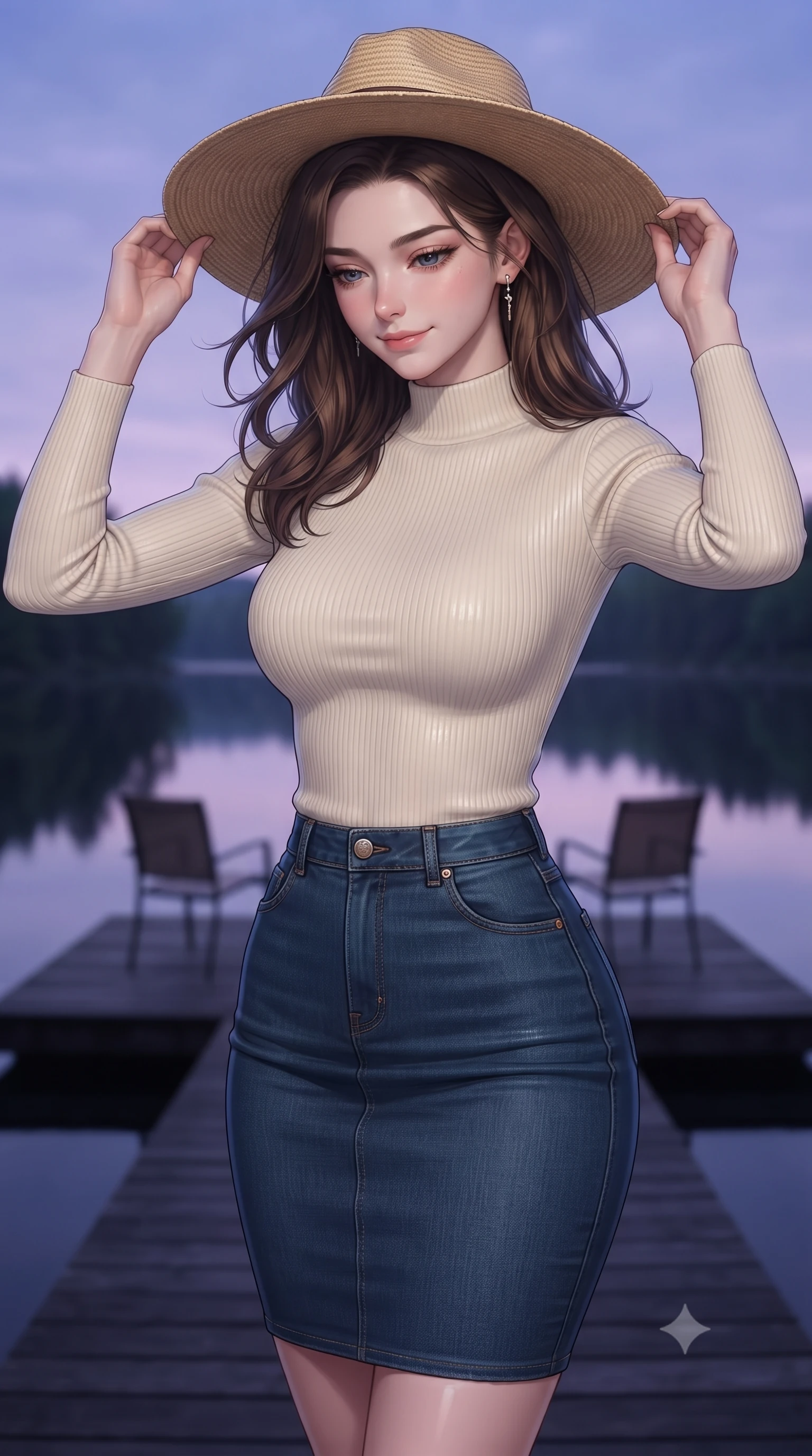score_9, masterpiece, best quality, ultra-detailed, high-budget anime keyframe, editorial fashion photography, tasteful artistic composition, Korean woman woman. close-up cowboy shot from the waist and thighs up, the character dominates the composition, filling the frame with her large presence, background elements kept in soft focus. holding a wide-brimmed straw hat with both hands against the breeze, looking down with a soft smile the background shows a soft-focus a simple dark wood deck extending over a calm forest lake, with two chairs. She has an exceptionally elegant, slender, and willowy female figure with an ultra-slim waist, a gracefully sculpted slender torso, and a refined silhouette. sharp v-shaped jawline, high-bridge nose, intricate jewel-like eyes with depth, thick eyelashes, glossy lips with a natural sheen. wearing a body-hugging form-contouring cream ribbed mock-neck top paired with a tight denim pencil skirt. the serene purple and blue hues of twilight reflecting on the still water. ultra-reflective glossy finish, specular highlights, metallic sheen, high-contrast stereoscopic depth, volumetric dynamic lighting, 2k, ultra detail, master piece, 9:16 ratio