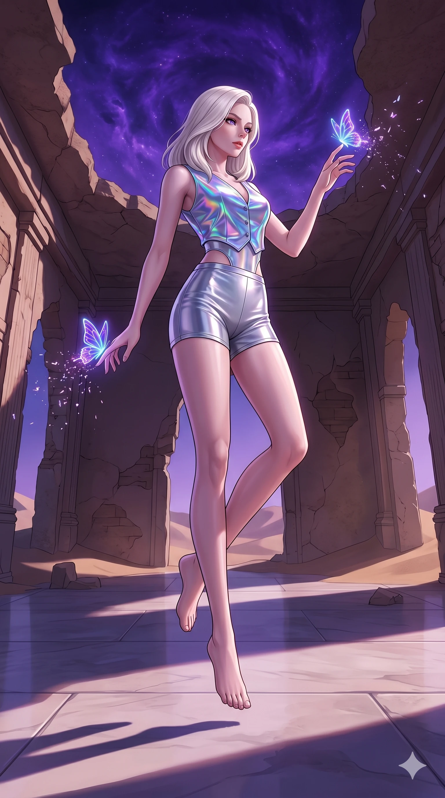 score_9, masterpiece, best quality, ultra-detailed, high-budget anime keyframe, editorial fashion photography, tasteful artistic composition, Caucasian woman, strictly human ears. low angle full-body shot from head to toe showing her feet, filling the entire 9:16 vertical frame with her statuesque presence, stretching her vertical silhouette. gracefully floating amidst inside a crumbling desert ruin under a violet nebula while glowing neon butterflies disintegrate into micro-sparks at her touch. She has an absolutely perfect 8-heads proportion, an exceptionally tall and slender female figure with impossibly long slender legs and an ultra-slim waist. V-shaped jawline, high-bridge nose, intricate jewel-like eyes with depth, thick eyelashes, glossy lips with a natural sheen.. wearing a holographic liquid silk vest and silver metallic high-waist fitted shorts, featuring a architectural waist window detail and form-fitting silhouette. under a magical twilight glow casting long dramatic shadows across the clean floor. 2k, ultra detail, master piece, 9:16 ratio