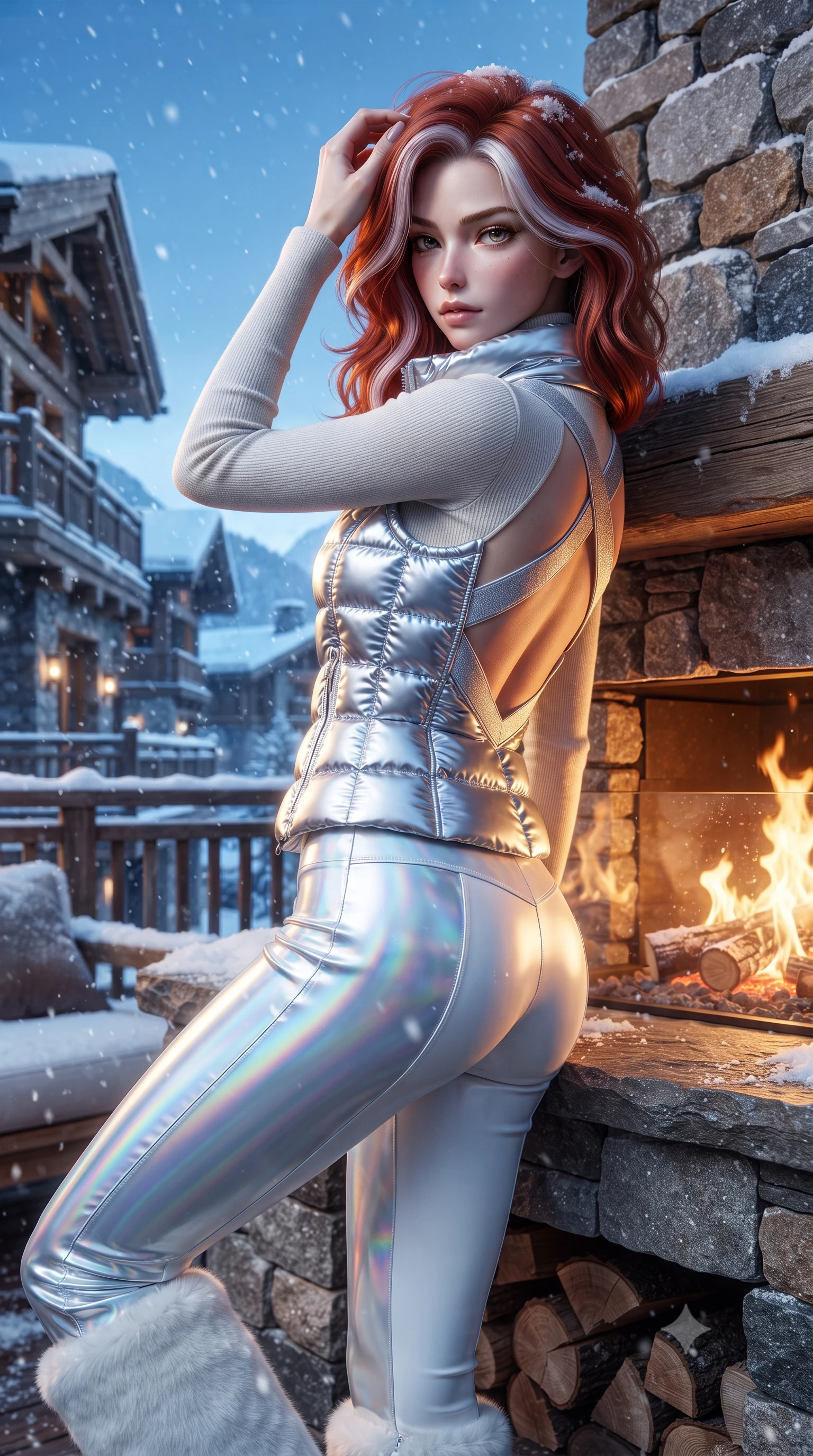 score_9, masterpiece, best quality, ultra-detailed, high-budget anime keyframe, editorial fashion photography, tasteful artistic composition, Caucasian woman. close-up cowboy shot from the waist and thighs up, the character dominates the composition, filling the frame with her large presence. resting one manicured hand delicately on her bare collarbone, her upper body twisting in a fluid, voluptuous yet slender curve while leaning back against the heated stone fireplace mantel on the chalet deck, pushing snow-dusted hair back with a sultry smile. The surrounding environment is rendered in vivid detail and crisp panoramic clarity. breathtaking high-altitude winter chiaroscuro and luxury alpine resort architecture in sharp resolution. She has an exceptionally elegant, slender, and willowy female figure with an ultra-slim waist, a gracefully sculpted slender torso, toned flat midriff, and a refined slim silhouette. sharp v-shaped jawline, high-bridge nose, intricate jewel-like eyes with depth, thick eyelashes, glossy parted lips with a natural sheen, intensely captivating and seductive expression, flawlessly proportioned anatomical accuracy, strict slender model proportions, natural body alignment, perfectly sculpted long slender limbs, ultra-slim waistline, clean dynamic posture without body distortion. wearing a metallic silver quilted corset puffer vest worn over a snug thermal mock-neck top and sleek ski stirrup pants in crystalline holographic opal and pure white, made of liquid-smooth silk satin layered under plush faux-shearling fur, finished with a dramatic open back framed by criss-cross silver elastic straps, the snug thermal second-skin fit accentuating her razor-sharp statuesque lines and slim hourglass silhouette amidst the cold snow. bathed in crisp alpine blue sky ambient fill and warm roaring fire pit uplights. ultra-reflective glossy finish, specular highlights, rich textural contrasts, high-contrast stereoscopic depth, volumetric dynamic lighting, 2k, ultra detail, master piece, 9:16 ratio