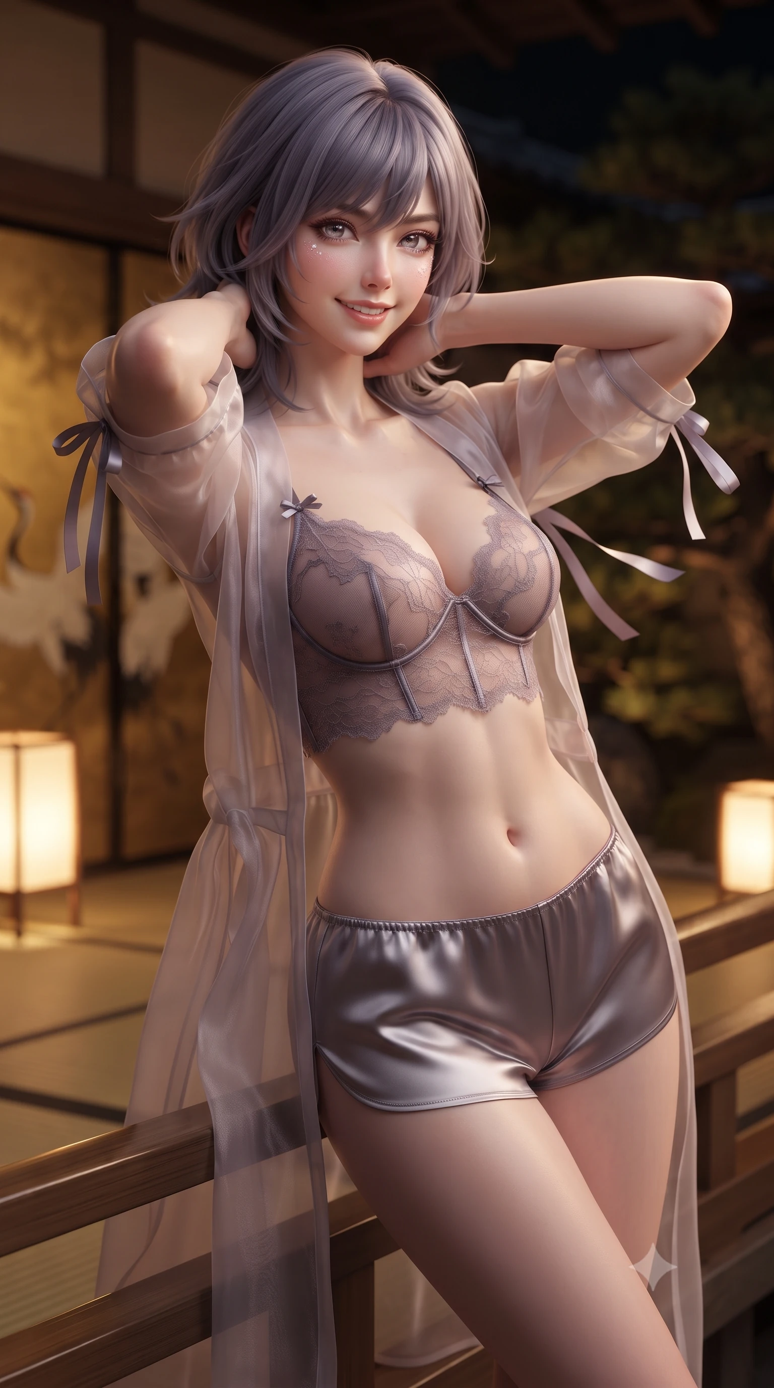 score_9, masterpiece, best quality, ultra-detailed, high-budget anime keyframe, editorial fashion photography, tasteful artistic composition, Japanese woman. close-up cowboy shot from the waist and thighs up, the character dominates the composition, filling the frame with her large presence. resting both hands lightly behind her neck with elbows raised, arching her spine to highlight her narrow waist, flat midriff, and breathtaking collarbones while leaning against the low lacquered wooden veranda railing with hips cocked back, looking into the private inner courtyard with smoldering bedroom-eyes. The background shows a soft-focus hand-painted gold-leaf crane motifs on sliding fusuma doors, glowing andon paper floor lamps, and dark pine courtyard garden blurred into gold, amber, and obsidian bokeh. She has an exceptionally elegant, slender, and willowy female figure with an ultra-slim waist, flat toned midriff, narrow ribcage, and sculpted feminine hips creating an alluring, slim hourglass silhouette without bulk. sharp v-shaped jawline, high-bridge nose, intricate jewel-like sparkling eyes with depth, thick eyelashes, glossy parted lips with a natural peach sheen, bright cheerful beaming smile with an enchanting and coquettish sensual glint, exuding both youthful cute charm and seductive allure, flawlessly proportioned anatomical accuracy, strict slender model proportions, natural body alignment, perfectly sculpted long slender limbs, ultra-slim waistline, clean dynamic posture without body distortion. wearing a delicate translucent silk organza wrap robe worn loose over a sheer lace demi-bustier and satin tap pants in dusky lavender noir and liquid silver chrome, woven from fine semi-opaque stretch illusion mesh tracing her slender contours, finished with satin ribbon ties at the shoulders fluttering in the gentle breeze, the liquid-tight tailored fabric clinging flawlessly to her narrow waist and rounded feminine hips, emphasizing every millimeter of her sculpted slim hourglass curves without any bulky heaviness. bathed in the soft, intimate 2200K ambient illumination of traditional washi paper lanterns and floor-standing andon lights. ultra-reflective glossy finish, specular highlights, rich textural contrasts, high-contrast stereoscopic depth, volumetric dynamic lighting, 2k, ultra detail, master piece, 9:16 ratio