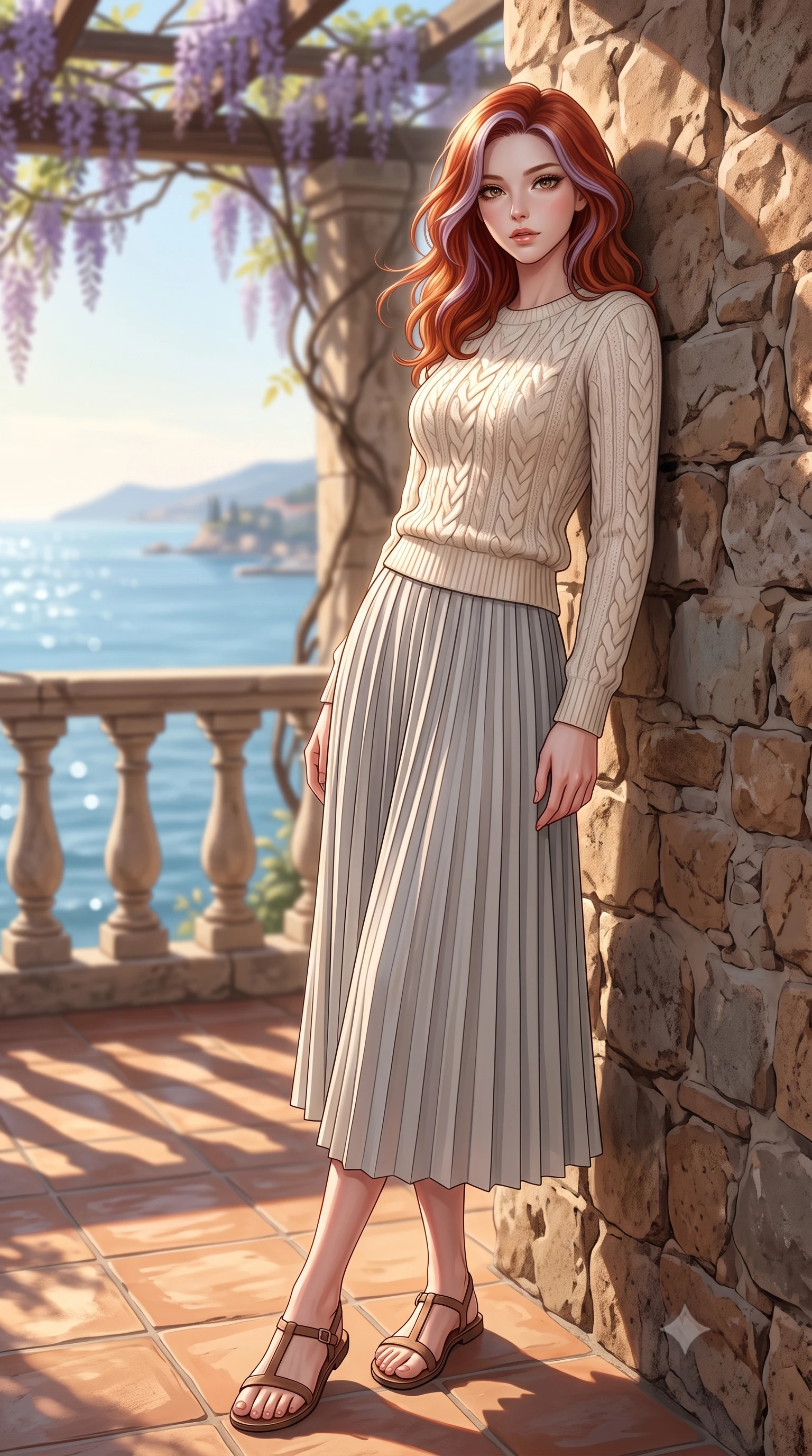 score_9, masterpiece, best quality, ultra-detailed, high-budget anime keyframe, editorial fashion photography, tasteful artistic composition, Caucasian woman woman. low angle full-body shot from head to toe showing her feet, filling the entire 9:16 vertical frame with her statuesque presence, stretching her vertical silhouette. leaning back against a rustic stone wall, casting a slow, alluring gaze at the camera the background shows a soft-focus a stone balcony with classic balustrades overlooking the sparkling Mediterranean sea. She has an absolutely perfect, statuesque 8.5-heads proportion, an exceptionally tall and slender model-like female figure with impossibly long slender legs and an ultra-slim waist. sharp v-shaped jawline, high-bridge nose, intricate jewel-like eyes with depth, thick eyelashes, glossy lips with a natural sheen. wearing a tailored cozy cable-knit sweater in ivory, paired with a pleated light grey midi skirt. warm sunbeams tracing geometric shadow patterns across the tiled floor. 2k, ultra detail, master piece, 9:16 ratio