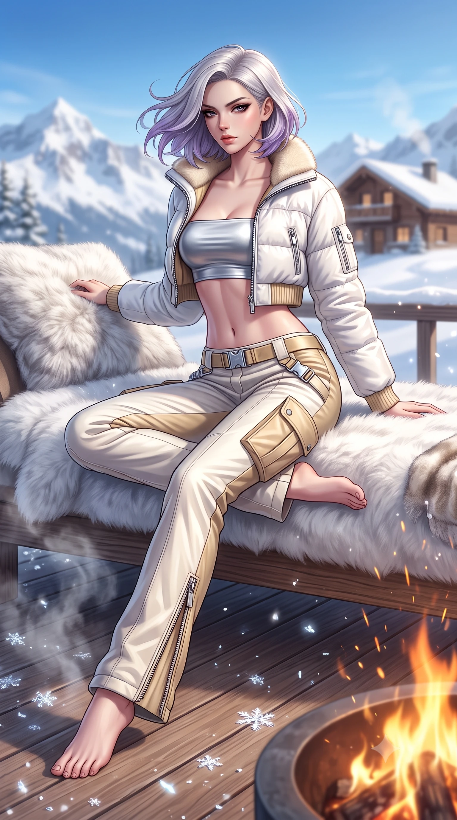 score_9, masterpiece, best quality, ultra-detailed, high-budget anime keyframe, semi-realistic 3D game render, editorial fashion photography, tasteful artistic composition, Caucasian woman. low angle full-body shot from head to toe showing her feet, filling the entire 9:16 vertical frame with her statuesque presence, stretching her vertical silhouette. executing an elegant mid-motion turn as garments swirl around her slender limbs, glancing over her shoulder with smoldering allure while reclining on an outdoor snow-view fur lounge daybed as steam rises, stretching her long slender legs in seductive comfort. The composition keeps background elements in soft focus with creamy bokeh. sparkling ice crystal flakes and rising fireplace sparks scattering enchanted light motes across the deck. She has an absolutely perfect, statuesque 8.5-heads proportion, an exceptionally tall and slender model-like female figure with impossibly long slender legs, a toned flat midriff, and an ultra-slim waist. sharp v-shaped jawline, high-bridge nose, intricate jewel-like eyes with depth, thick eyelashes, glossy parted lips with a natural sheen, intensely captivating and seductive expression, flawlessly proportioned anatomical accuracy, strict slender model proportions, natural body alignment, perfectly sculpted long slender limbs, ultra-slim waistline, clean dynamic posture without body distortion. wearing a cropped white puffer jacket worn over a metallic silver tube top and low-slung insulated cargo pants in arctic champagne cream and soft gold, knitted from ultra-soft fine Mongolian cashmere with body-contouring ribbing, finished with polished chrome buckle closures and snow-gaiter zippers, the precision-cut daring openings accentuating her delicate midriff, graceful bare collarbones, and ultra-slim feminine waistline. bathed in crisp alpine blue sky ambient fill and warm roaring fire pit uplights. highly saturated vibrant anime colors, detailed shading with soft gradients, rich glossy textures, high-contrast stereoscopic depth, volumetric dynamic lighting, master piece, 9:16 ratio