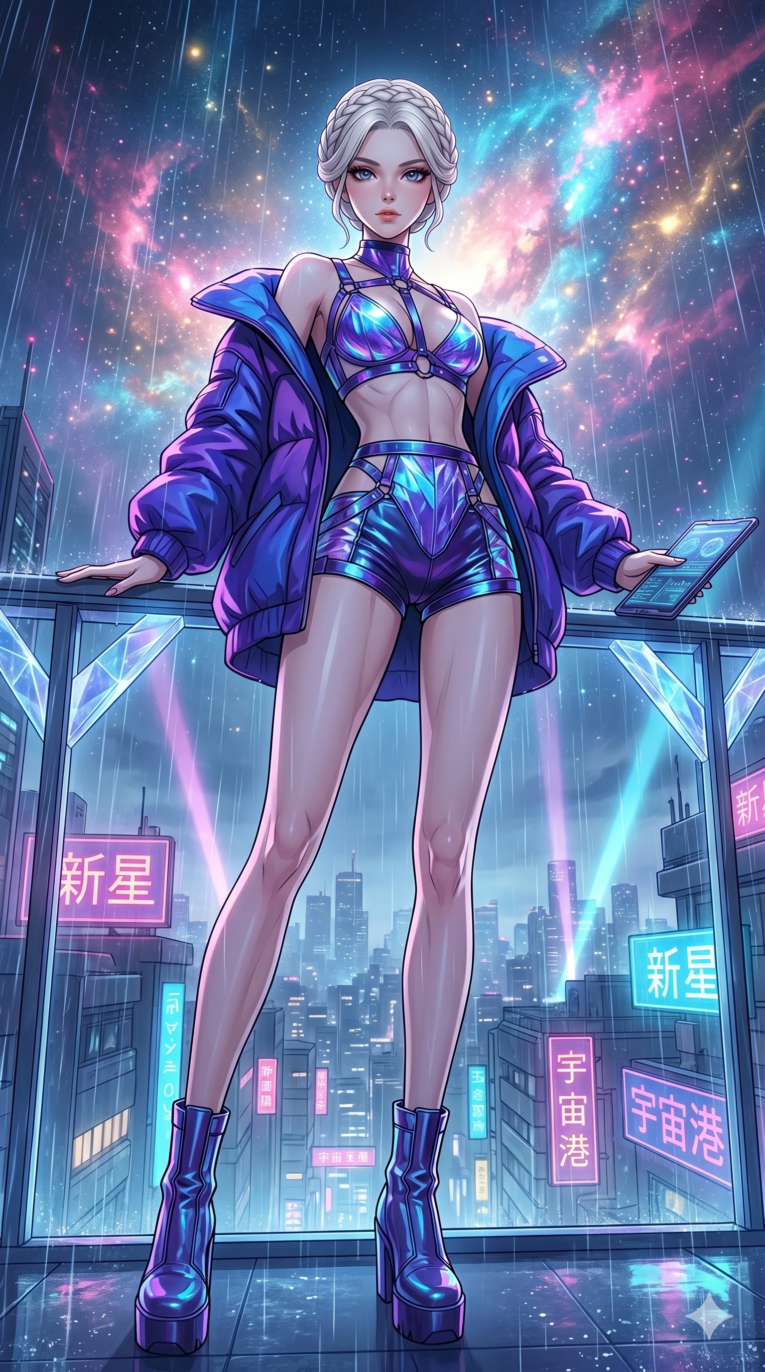 score_9, masterpiece, best quality, ultra-detailed, High-budget Anime Keyframe, vibrant colors, fluid line-art, expressive lighting, cinematic composition, Ufotable-style visual effects, top-tier animation quality, Japanese woman with delicate and elegant anime-inspired features. Wide-angle low shot emphasizing her impossibly long slender legs and commanding stature. Observing the slow birth of a new nebula from her private balcony on a space station, the colors reflecting in her eyes. She has an absolutely perfect 8-heads proportion, an exceptionally tall and slender female figure with impossibly long slender legs and an ultra-slim waist, her statuesque height and towering silhouette dominating the vertical 9:16 frame. Her face is a masterpiece featuring a sharp v-shaped jawline, high-bridge nose, intricate jewel-like eyes with depth, thick eyelashes, and glossy lips with a natural sheen. She is wearing a Oversized puffer jacket worn over a micro-shorts and harness set, unzipped to reveal her chest crafted from Iridescent vinyl with a futuristic sheen that shifts between violet and cyan, featuring a crystalline structure that catches the light and reveals her slender frame. The scene is set in a sprawling cyberpunk metropolis in heavy rain with vibrant neon glows reflecting on every surface, illuminated by volumetric light beams cutting through a hazy atmosphere, creating a sense of depth. 2k, ultra detail, master piece, 9:16 ratio