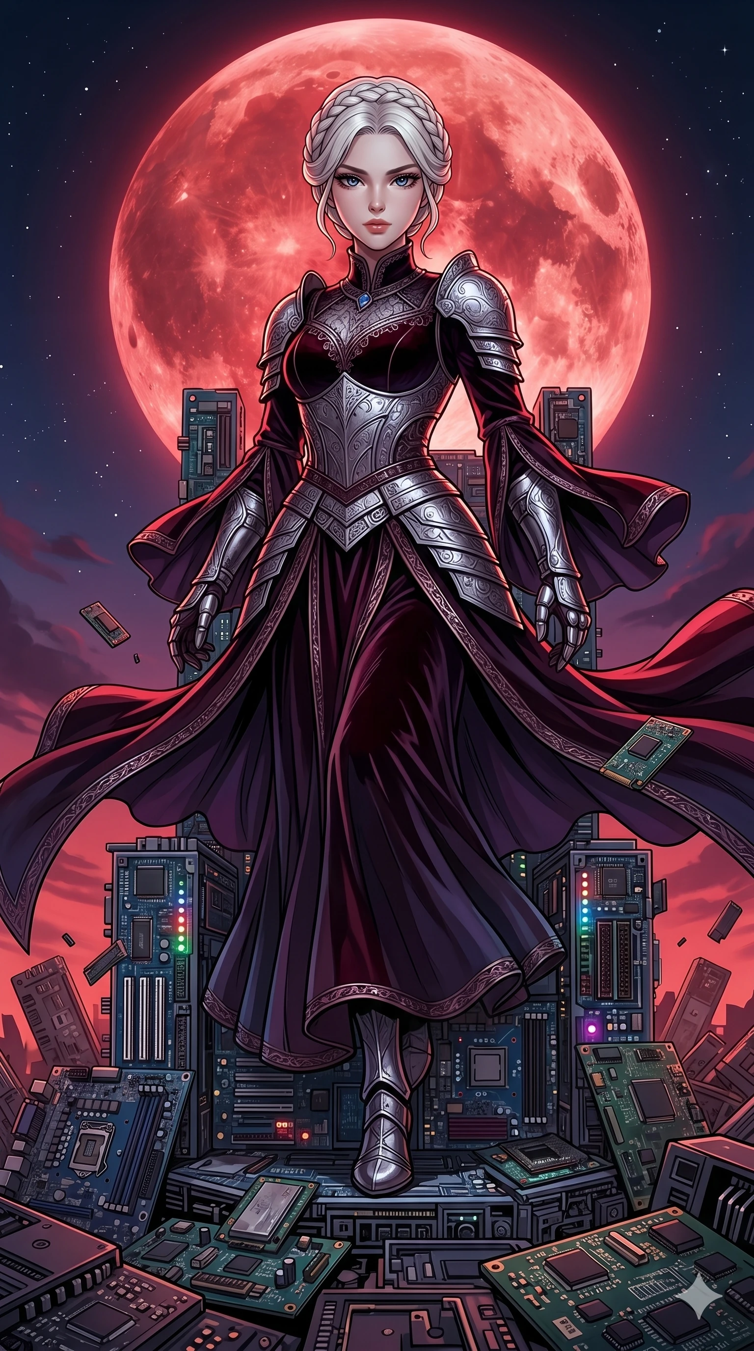score_9, masterpiece, best quality, ultra-detailed, high-budget anime movie keyframe, cinematic anime lighting, intricate line art, Korean woman. Low angle cowboy shot capturing a powerful motion and statuesque presence. standing victorious on a throne of logic-boards under a crimson moon. She has an graceful and slender female figure with elegant proportions. strictly human anatomy, two legs only, no extra limbs, clearly defined legs and arms, well-defined anatomy, perfect hands and fingers. sharp v-shaped jawline, high-bridge nose, intricate jewel-like eyes, thick eyelashes, glossy lips. Wearing Dark Fantasy: Mystical gothic gown, bell-sleeved sorceress robes, and ornate silver plate armor. The scene is illuminated by dramatic atmospheric lighting and vibrant color palettes. , 2k, ultra detail, master piece, 9:16 ratio