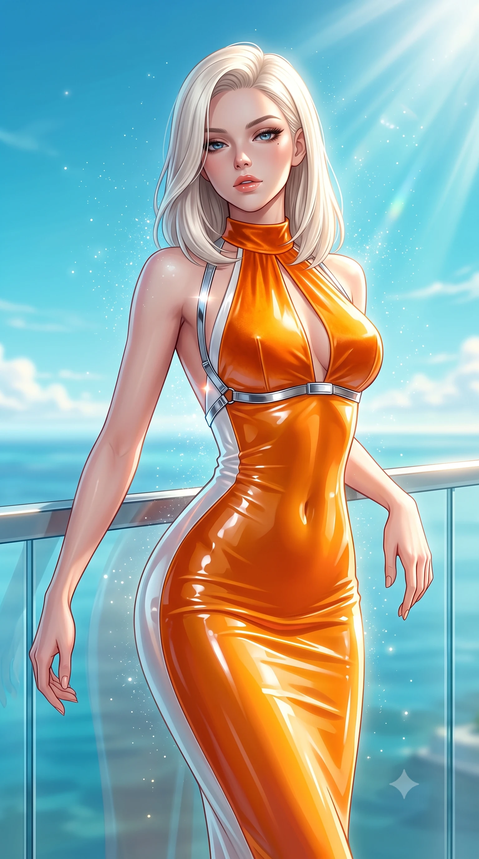 score_9, masterpiece, best quality, ultra-detailed, high-budget anime keyframe, semi-realistic 3D game render, editorial fashion photography, tasteful artistic composition, Caucasian woman. close-up cowboy shot from the waist and thighs up, the character dominates the composition, filling the frame with her large presence. casting a slow, smoldering gaze beneath heavy lashes with parted glossy lips, her head slightly tilted in captivating self-assurance while stretching her slender torso along a sunlit glass balustrade with endless turquoise sky stretching in all directions. The composition keeps background elements in soft focus with creamy bokeh. bright high-altitude sunrays scattering radiant light curtains across a breathtaking sky backdrop. She has an exceptionally elegant, slender, and willowy female figure with an ultra-slim waist, a gracefully sculpted slender torso, toned flat midriff, and a refined slim silhouette. sharp v-shaped jawline, high-bridge nose, intricate jewel-like eyes with depth, thick eyelashes, glossy lips with a natural sheen, flawlessly proportioned anatomical accuracy, strict slender model proportions, natural body alignment, perfectly sculpted long slender limbs, ultra-slim waistline, clean dynamic posture without body distortion. wearing a velvet halter-neck midi dress fitting her statuesque contour flawlessly with a Tasteful chest slit and open spine in vivid sunset amber orange and cloud white, crafted from ultra-reflective second-skin latex with a high-gloss glass-like polish, reinforced by a sleek metallic chrome harness and delicate glowing micro-straps, the liquid-tight tailored fabric emphasizing every curve of her tall, slender model proportions and sculptured silhouette during dynamic movement. surrounded by a majestic, supreme, and radiantly sensual celestial sovereignty aura. highly saturated vibrant anime colors, detailed shading with soft gradients, rich glossy textures, high-contrast stereoscopic depth, volumetric dynamic lighting, master piece, 9:16 ratio