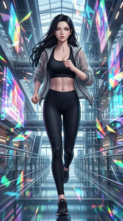 score_9, masterpiece, best quality, ultra-detailed, Set A: Photorealistic 8k CG, Japanese woman. Low angle cowboy shot filling the entire 9:16 frame with her statuesque presence. Sprinting through a futuristic airport terminal with holographic ads fl