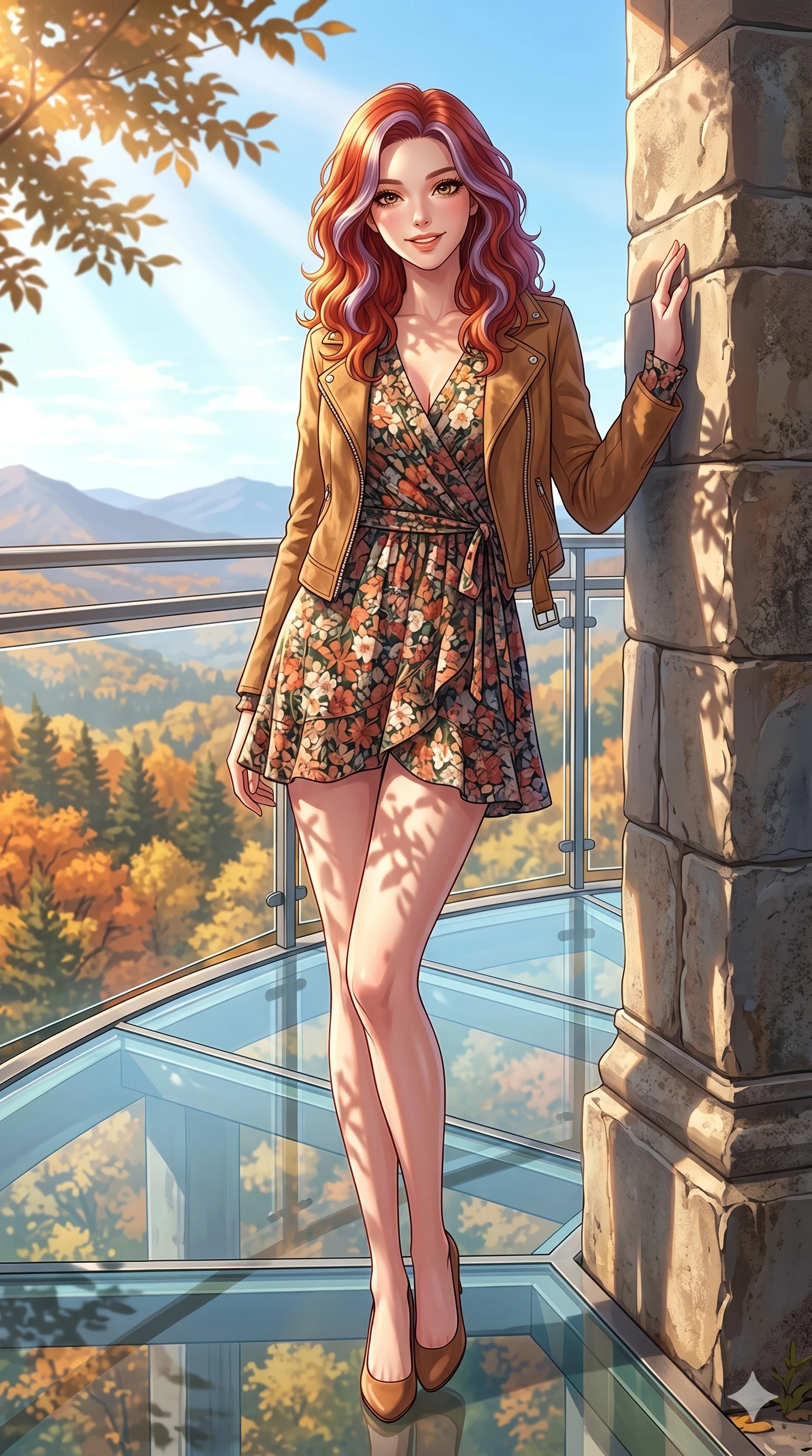score_9, masterpiece, best quality, ultra-detailed, high-budget anime keyframe, vibrant anime aesthetic, Caucasian woman, strictly human ears. low angle full-body shot from head to toe showing her feet, filling the entire 9:16 vertical frame with her statuesque presence, stretching her vertical silhouette. She is leaning against a stone pillar, casting a lively, smiling gaze at the lens standing on a floating glass observation deck over a sunny autumn forest valley (Code-P21-018). She has an absolutely perfect 8-heads proportion, an exceptionally tall and slender female figure with impossibly long slender legs and an ultra-slim waist. V-shaped jawline, high-bridge nose, intricate jewel-like eyes with depth, thick eyelashes, glossy lips with a natural sheen. wearing a floral print wrap dress with long sleeves and a suede jacket in autumn. She is drenched in warm afternoon winter sunbeams, casting soft garden shadows on her skin. 2k, ultra detail, master piece, 9:16 ratio