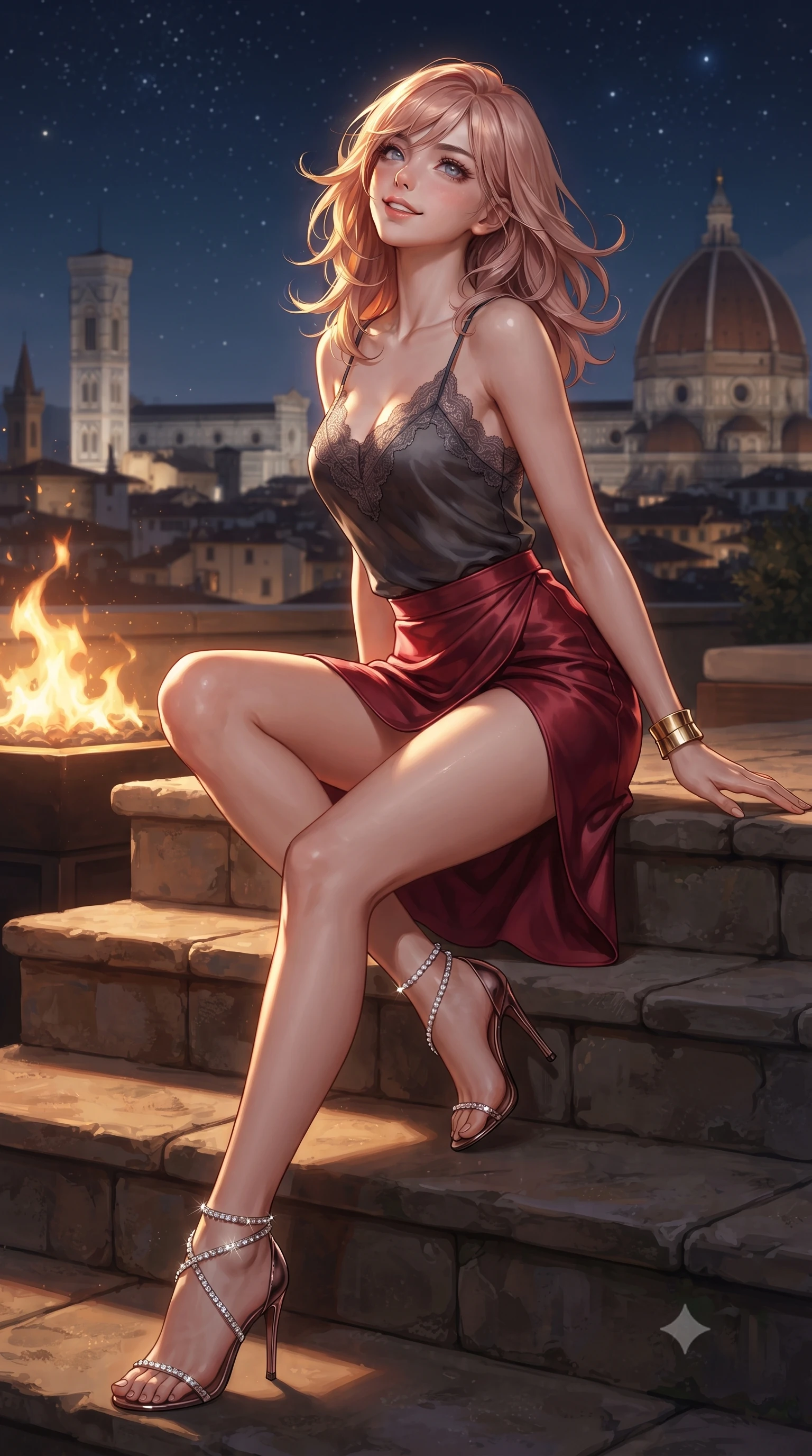 score_9, masterpiece, best quality, ultra-detailed, high-budget anime keyframe, editorial fashion photography, tasteful artistic composition, Japanese woman. low angle full-body shot from head to toe showing her feet, filling the entire 9:16 vertical frame with her statuesque presence, stretching her vertical silhouette. sitting poised on the stone steps with one knee bent, arching her spine with supermodel elegance as she glances upward through thick eyelashes while twisting her slender torso in an alluring contrapposto stance, dancing bronze fire-table flames carving sharp highlights across her curves. The surrounding environment is rendered in vivid detail and crisp panoramic clarity: detailed form-fitting liquid jersey gown tailoring, gold cuff bracelet shine, and bespoke Italian design in razor-sharp precision. She has an absolutely perfect, statuesque 8.5-heads proportion, an exceptionally tall and slender model-like female figure with impossibly long slender legs, an ultra-slim waist, a flat toned midriff, narrow delicate ribcage, and beautifully sculpted feminine hips creating a graceful, slim hourglass silhouette without any bulky heaviness. sharp v-shaped jawline, high-bridge nose, sparkling eyes with hypnotic seductive depth, thick curled eyelashes, glossy parted lips with a natural dewy peach sheen, alluring bedroom-eyes with an enchanting coquettish smile, exuding magnetic siren charisma and sophisticated glamour, flawlessly proportioned anatomical accuracy, strict slender model proportions, natural body alignment, perfectly sculpted long slender limbs, ultra-slim waistline, clean dynamic posture without body distortion. wearing a delicate lace-trimmed silk camisole paired with a draped satin wrap sarong mini skirt with high side slit in rich cherry lacquer and smoky charcoal, tailored from fine structural neoprene with crisp architectural edges and smooth contouring, complemented by strappy stiletto sandals with crystal ankle wraps accentuating her slender calves, the high-slit wrap tailoring accentuating her ultra-slim waistline and the enchanting curve of her feminine hips with alluring seductive charm. bathed in the warm dancing glow of the bronze fire table paired with cool starlight and Duomo floodlights. ultra-reflective glossy finish, specular highlights, rich textural contrasts, high-contrast stereoscopic depth, volumetric dynamic lighting, 2k, ultra detail, master piece, 9:16 ratio