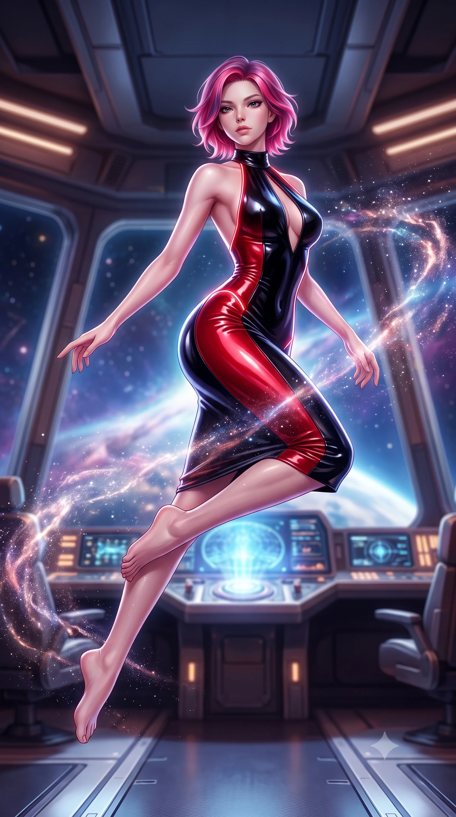 score_9, masterpiece, best quality, ultra-detailed, high-budget anime keyframe, semi-realistic 3D game render, editorial fashion photography, tasteful artistic composition, Caucasian woman. low angle full-body shot from head to toe showing her feet, filling the entire 9:16 vertical frame with her statuesque presence, stretching her vertical silhouette. leaping through mid-air with an athletic yet alluring arch of her spine, her impossibly long slender legs stretched in flawless poise while drifting in zero-gravity near a giant panoramic bridge viewport with cosmic stardust swirling around her limbs. The composition keeps background elements in soft focus with creamy bokeh. glowing bridge console displays and cosmic dust filaments softened in smooth zero-gravity depth of field. She has an absolutely perfect, statuesque 8.5-heads proportion, an exceptionally tall and slender model-like female figure with impossibly long slender legs and an ultra-slim waist. sharp v-shaped jawline, high-bridge nose, intricate jewel-like eyes with depth, thick eyelashes, glossy lips with a natural sheen, flawlessly proportioned anatomical accuracy, natural body alignment, perfectly sculpted elegant limbs, clean dynamic posture without body distortion. wearing a velvet halter-neck midi dress fitting her statuesque contour flawlessly with a Tasteful chest slit and open spine in glossy obsidian black and radiant crimson red, crafted from ultra-reflective second-skin latex with a glass-like polish, accented with glowing fiber-optic seams tracing her collarbones and hip curves, the form-contouring second-skin material highlighting her ultra-slim waist and long lines. surrounded by a sublime, infinite, and breathtakingly divine cosmic goddess aura. highly saturated vibrant anime colors, detailed shading with soft gradients, rich glossy textures, high-contrast stereoscopic depth, volumetric dynamic lighting, master piece, 9:16 ratio