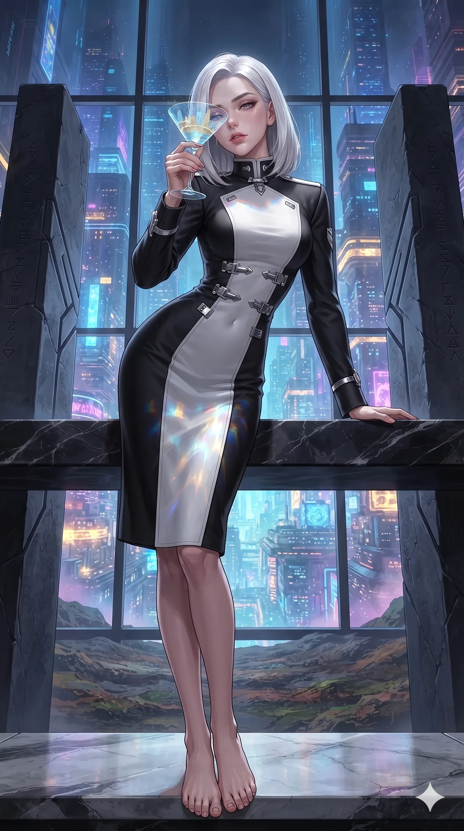 score_9, masterpiece, best quality, ultra-detailed, high-budget anime keyframe, editorial fashion photography, tasteful artistic composition, Korean woman. low angle full-body shot from head to toe showing her feet, filling the entire 9:16 vertical frame with her statuesque presence, stretching her vertical silhouette. standing poised between colossal monoliths rising from alien ground, arching her back with sovereign ancient-future grace while leaning over the black marble bar with hips cocked back, looking through a holographic cocktail glass with heavy-lidded seductive bedroom-eyes. The surrounding environment is rendered in vivid detail and crisp panoramic clarity: detailed bodycon evening tailoring, metallic chain straps, and futuristic penthouse architecture in razor-sharp clarity. She has an absolutely perfect, statuesque 8.5-heads proportion, an exceptionally tall and slender model-like female figure with impossibly long slender legs, an ultra-slim waist, a flat toned midriff, narrow delicate ribcage, and beautifully sculpted feminine hips creating a graceful, slim hourglass silhouette without any bulky heaviness. sharp v-shaped jawline, high-bridge nose, intricate jewel-like sparkling eyes with depth, thick eyelashes, glossy parted lips with a natural sheen, bright confident smile with an enchanting and coquettish sensual glint, exuding both youthful magnetic charm and sovereign high-tech allure, flawlessly proportioned anatomical accuracy, strict slender model proportions, natural body alignment, perfectly sculpted long slender limbs, ultra-slim waistline, clean dynamic posture without body distortion. wearing a prestigious diplomatic high-neck sci-fi senate coat dress in structured nano-wool with polished titanium clasp hardware in dual-tone high-contrast monochrome black and stark white, made of flexible bullet-resistant ballistic microfiber with high-tensile strength, accented with strategically placed chrome armor plate guards covering key curves, the impeccably tailored cut draping gracefully along her slender figure with aristocratic poise. bathed in the dazzling panoramic ambient glow of the multi-tiered neon metropolis filtered through panoramic glass. ultra-reflective glossy finish, specular highlights, rich textural contrasts, high-contrast stereoscopic depth, volumetric dynamic lighting, 2k, ultra detail, master piece, 9:16 ratio