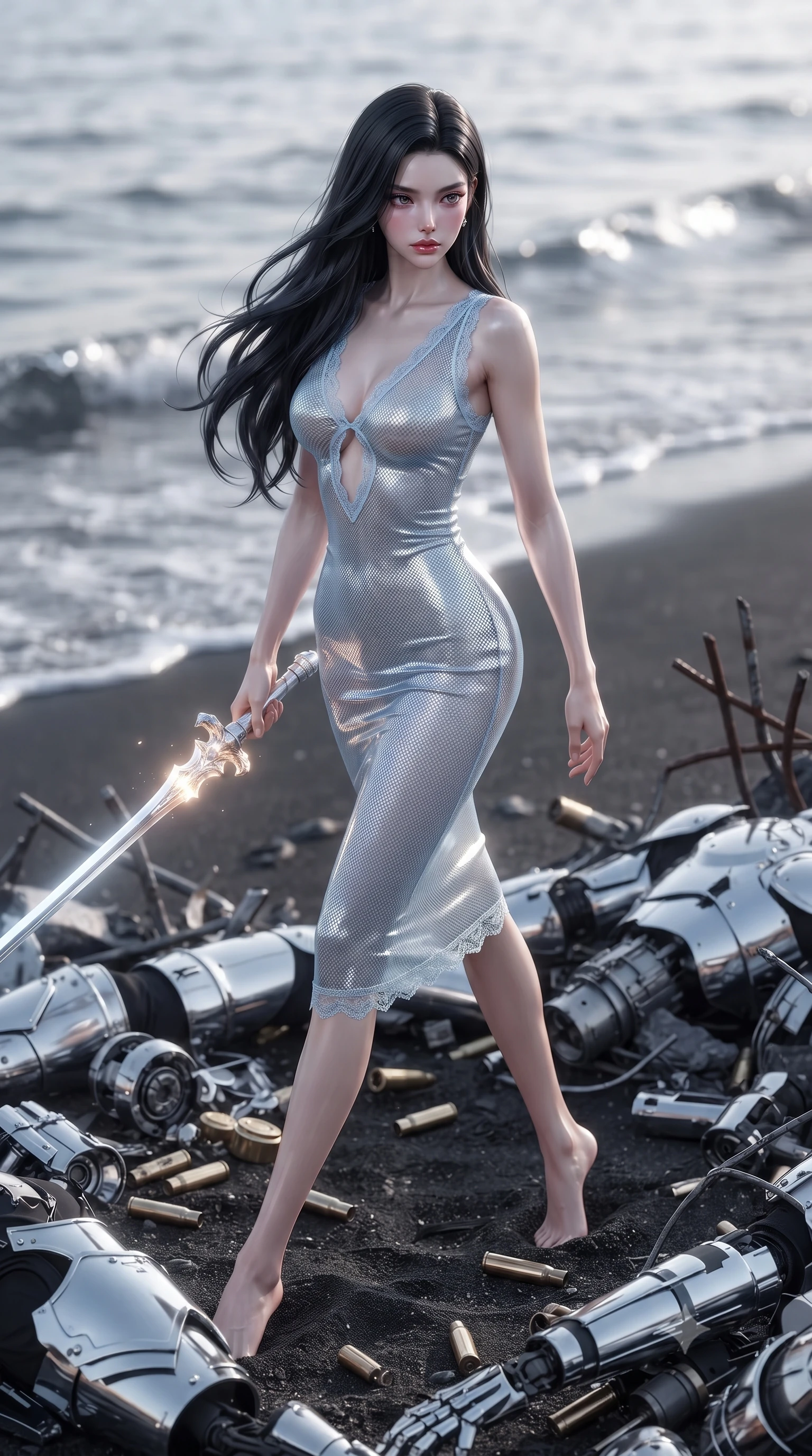 score_9, masterpiece, best quality, ultra-detailed, high-budget anime keyframe, editorial fashion photography, tasteful artistic composition, Korean woman. low angle full-body shot from head to toe showing her feet, filling the entire 9:16 vertical frame with her statuesque presence, stretching her vertical silhouette. stepping gracefully through battlefield debris with a glowing saber hilt in hand, looking back over her shoulder, the background shows a soft-focus a liquid metal ocean coast where waves of chrome mercury lap onto basalt sand. She has an absolutely perfect, statuesque 8.5-heads proportion, an exceptionally tall and slender model-like female figure with impossibly long slender legs and an ultra-slim waist. sharp v-shaped jawline, high-bridge nose, intricate jewel-like eyes with depth, thick eyelashes, glossy lips with a natural sheen. wearing a slim-fit sheer carbon-mesh midi dress in baby blue, featuring a plunging keyhole cutout and lace trim. highly reflective chrome-like surface casting a silver rim light on her silhouette. ultra-reflective glossy finish, specular highlights, metallic sheen, high-contrast stereoscopic depth, volumetric dynamic lighting, 2k, ultra detail, master piece, 9:16 ratio