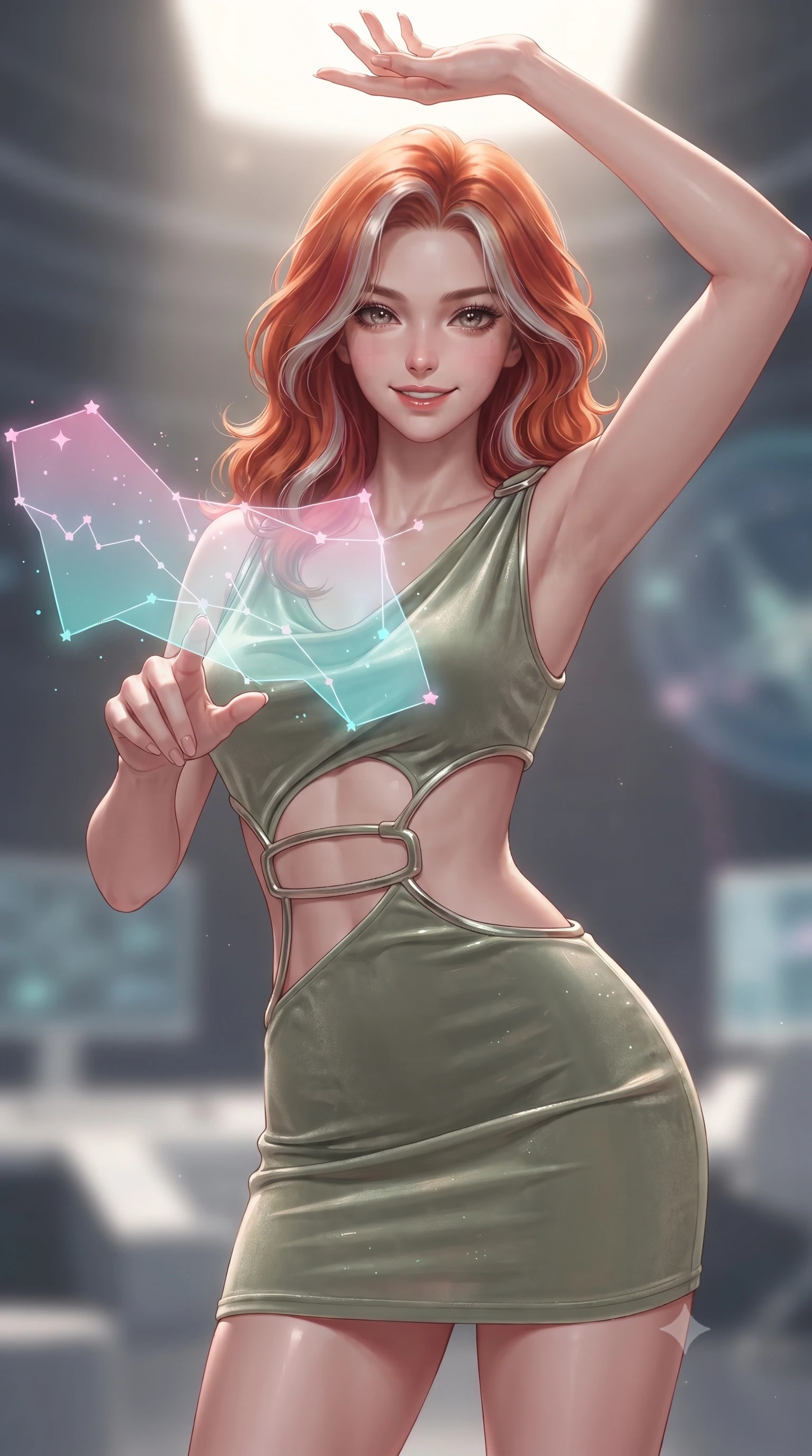 score_9, masterpiece, best quality, ultra-detailed, high-budget anime keyframe, editorial fashion photography, tasteful artistic composition, Caucasian woman. close-up cowboy shot from the waist and thighs up, the character dominates the composition, filling the frame with her large presence, background elements kept in soft focus. Extending one arm in an elegant stretch toward the light while smiling with magnetic self-assurance while reaching forward to adjust a translucent nebula constellation chart floating in mid-air, pastel pink and turquoise gradients creating a nostalgic 80s aesthetic. She has an exceptionally elegant, slender, and willowy female figure with an ultra-slim waist, a gracefully sculpted slender torso, and a refined silhouette. sharp v-shaped jawline, high-bridge nose, intricate jewel-like eyes with depth, thick eyelashes, glossy lips with a natural sheen, flawlessly proportioned anatomical accuracy, natural body alignment, perfectly sculpted elegant limbs, clean dynamic posture without body distortion. wearing a dramatic open-waist cutout mini dress framed by sculptural hardware in sage green and oatmeal, made of premium stretch velvet with a rich sheen, featuring clean architectural cutouts along her slender torso, the elegant draped fit framing her graceful clavicle and slender torso. illuminated by retro lo-fi backlighting and brilliant liquid speculars. ultra-reflective glossy finish, specular highlights, metallic sheen, high-contrast stereoscopic depth, volumetric dynamic lighting, 2k, ultra detail, master piece, 9:16 ratio