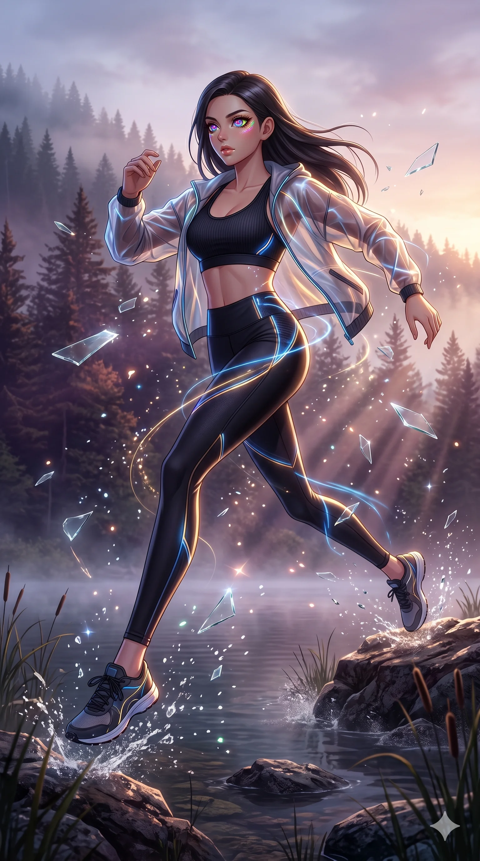 score_9, masterpiece, best quality, ultra-detailed, Set A: High-budget Anime Keyframe, Caucasian (strictly human ears) woman. Low angle cowboy shot filling the entire 9:16 frame with her statuesque presence. Leaping through a misty lakeside at dawn, while her eyes glow with 160 different colors and surrounded by shattered glass fragments. She has an absolutely perfect 8-heads proportion, an exceptionally tall and slender female figure with impossibly long slender legs and an ultra-slim waist. Sharp v-shaped jawline, high-bridge nose, intricate jewel-like eyes with depth, thick eyelashes, glossy lips with a natural sheen. Wearing Athleisure set with a ribbed sports bra, sheer windbreaker, and glowing energy seams. Cinematic lighting, vibrant colors, dramatic shadows, 2k, ultra detail, master piece, 9:16 ratio
