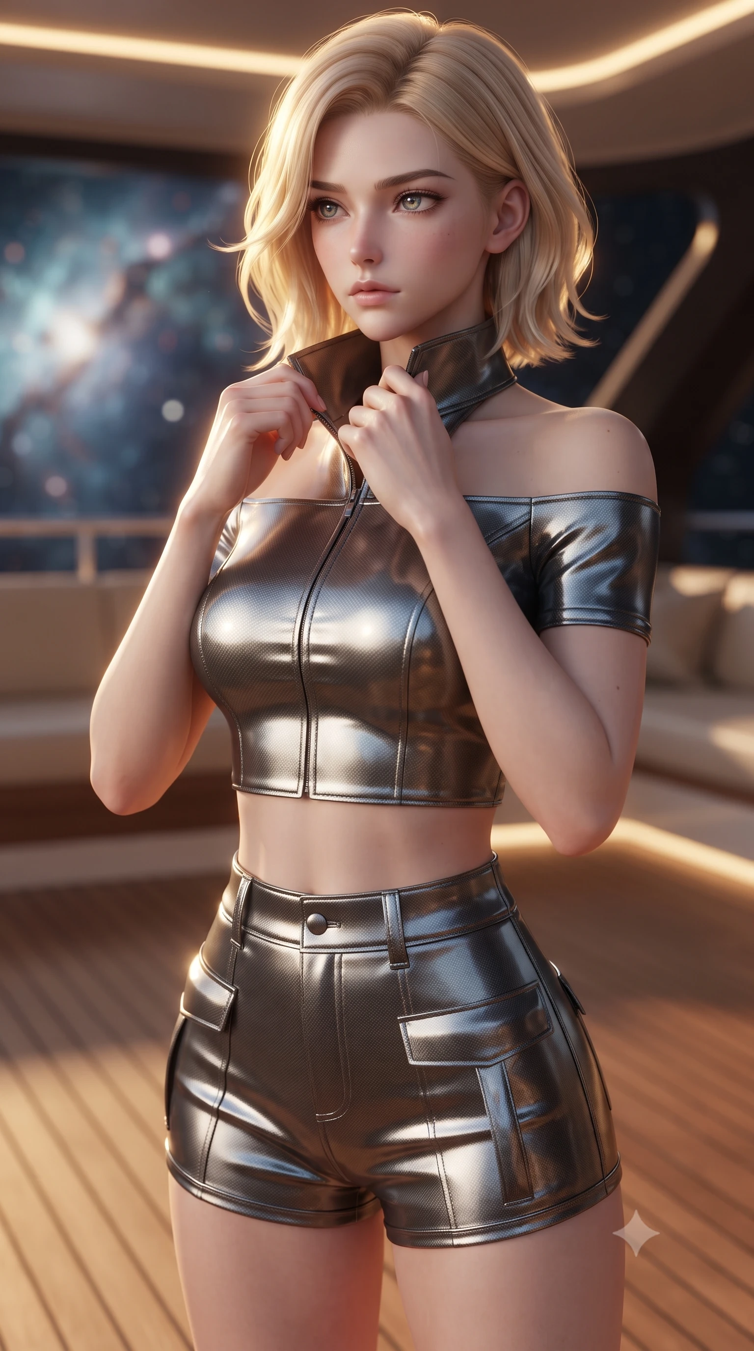 score_9, masterpiece, best quality, ultra-detailed, high-budget anime keyframe, editorial fashion photography, tasteful artistic composition, Caucasian woman. close-up cowboy shot from the waist and thighs up, the character dominates the composition, filling the frame with her large presence, background elements kept in soft focus. adjusting the high collar of her body-hugging suit, looking past the camera with quiet, sharp focus and a composed expression, the background shows a soft-focus the teak wood deck of a luxury space yacht facing a glowing nebula. She has an exceptionally elegant, slender, and willowy female figure with an ultra-slim waist, a gracefully sculpted slender torso, and a refined silhouette. sharp v-shaped jawline, high-bridge nose, intricate jewel-like eyes with depth, thick eyelashes, glossy lips with a natural sheen. wearing a tailored chic off-shoulder carbon-plate crop top, paired with high-waisted utility micro-shorts. warm golden hour light tracing her carbon-armor silhouette with a rim. ultra-reflective glossy finish, specular highlights, metallic sheen, high-contrast stereoscopic depth, volumetric dynamic lighting, 2k, ultra detail, master piece, 9:16 ratio
