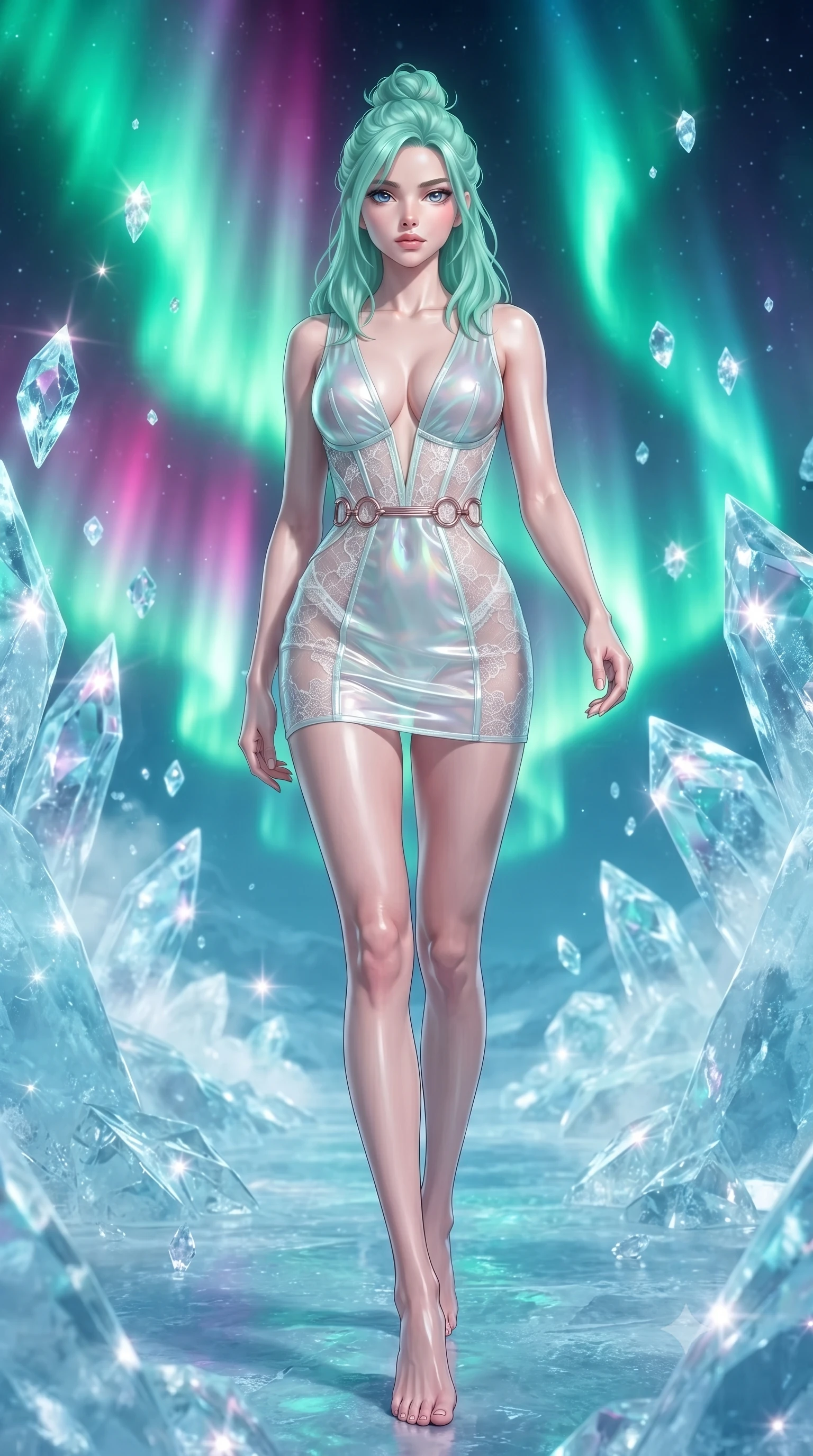 score_9, masterpiece, best quality, ultra-detailed, high-budget anime keyframe, editorial fashion photography, tasteful artistic composition, Japanese woman. low angle full-body shot from head to toe showing her feet, filling the entire 9:16 vertical frame with her statuesque presence, stretching her vertical silhouette. forging confidently through the floating crystal mist, holding a poised statuesque stance, navigating a frozen glass sanctuary surrounded by suspended ice crystals glinting under aurora, high-contrast ice facets refracting sharp emerald and magenta specular highlights. She has an absolutely perfect, statuesque 8.5-heads proportion, an exceptionally tall and slender model-like female figure with impossibly long slender legs and an ultra-slim waist. sharp v-shaped jawline, high-bridge nose, intricate jewel-like eyes with depth, thick eyelashes, glossy lips with a natural sheen. wearing deep V-neck corset bodice mini dress with sheer white lace panels in pale opal seafoam, made of iridescent hologram organza, trimmed with rose-gold ring hardware along the waist contours, sculpting her athletic slender build with refined precision. lit by intense aurora key light cutting through clear translucent ice. ultra-reflective glossy finish, specular highlights, metallic sheen, high-contrast stereoscopic depth, volumetric dynamic lighting, 2k, ultra detail, master piece, 9:16 ratio