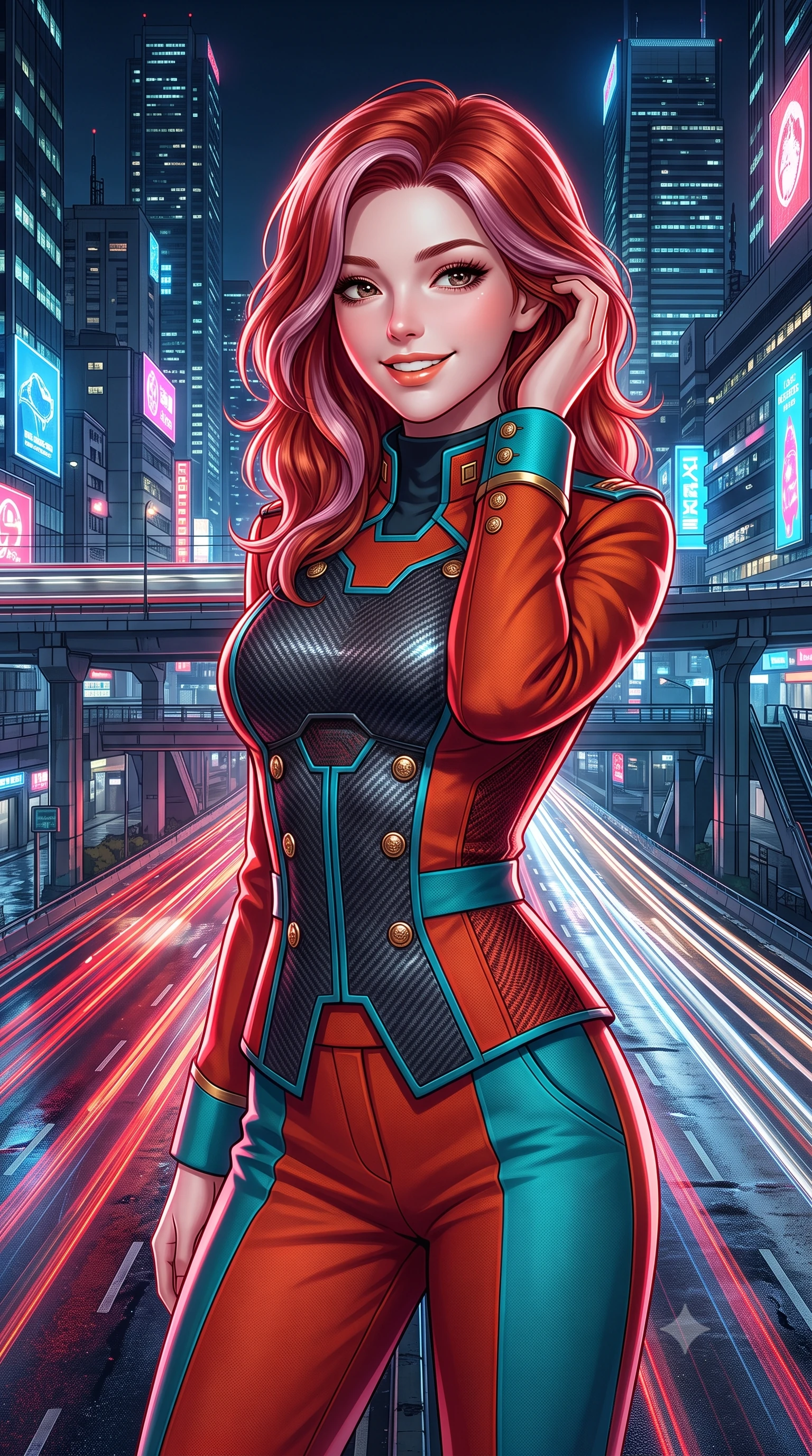 score_9, masterpiece, best quality, ultra-detailed, high-budget anime keyframe, semi-realistic 3D game render, editorial fashion photography, tasteful artistic composition, Caucasian woman. close-up cowboy shot from the waist and thighs up, the character dominates the composition, filling the frame with her large presence. gently brushing a lock of hair behind her ear while casting a playful, flirtatious side-gaze with long eyelashes while twisting her slender torso in an alluring contrapposto stance, long red and white aerocar light trails creating streaks of brilliance across her narrow waist and hips. The surrounding environment is rendered in vivid detail and crisp panoramic clarity: detailed anime keyframe lines, rich glossy textures, and futuristic megalopolis highway infrastructure in razor-sharp precision. She has an exceptionally elegant, slender, and willowy female figure with an ultra-slim waist, flat toned midriff, narrow ribcage, and sculpted feminine hips creating an alluring, slim hourglass silhouette without bulk. sharp v-shaped jawline, high-bridge nose, intricate jewel-like sparkling eyes with depth, thick eyelashes, glossy parted lips with a natural peach sheen, bright cheerful beaming smile with an enchanting and coquettish sensual glint, exuding both youthful cute charm and seductive allure, flawlessly proportioned anatomical accuracy, strict slender model proportions, natural body alignment, perfectly sculpted long slender limbs, ultra-slim waistline, clean dynamic posture without body distortion. wearing a structured cyber-infantry dress uniform jacket with carbon-fiber chest plating and brass buttons over a mock-neck top and tailored wool trousers in cyber-shinto vermilion and laser turquoise, woven from structured carbon-fiber jacquard with rich textural depth, complemented by strappy stiletto sandals with metallic ankle wraps accentuating her slender calves, the bespoke structured tailoring following the natural line of her 8.5-heads silhouette with refined elegance. illuminated by wet concrete reflection bounce and sharp ruby-white rim lights sculpting her jawline, narrow waist, and curvy hips. highly saturated vibrant anime colors, detailed shading with soft gradients, rich glossy textures, high-contrast stereoscopic depth, volumetric dynamic lighting, master piece, 9:16 ratio