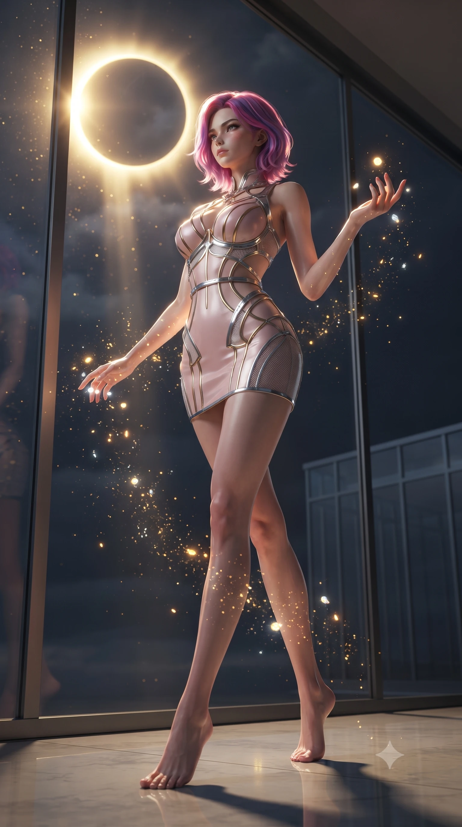 score_9, masterpiece, best quality, ultra-detailed, high-budget anime keyframe, editorial fashion photography, tasteful artistic composition, Caucasian woman. low angle full-body shot from head to toe showing her feet, filling the entire 9:16 vertical frame with her statuesque presence, stretching her vertical silhouette. interacting with floating opal particles, her long slender legs poised in motion, looking out at a dark sky surrounded by a brilliant golden eclipse halo, intense solar dust glittering like gold flecks in mid-air. She has an absolutely perfect, statuesque 8.5-heads proportion, an exceptionally tall and slender model-like female figure with impossibly long slender legs and an ultra-slim waist. sharp v-shaped jawline, high-bridge nose, intricate jewel-like eyes with depth, thick eyelashes, glossy lips with a natural sheen. wearing architectural cut-out pale pink leather mini dress with sculpted gold boning in radiant platinum, made of fine silver contouring mesh, highlighted by a platinum metallic harness structure, contouring every curve with an exceptionally elegant silhouette. lit by intense solar key light piercing through glass panes. ultra-reflective glossy finish, specular highlights, metallic sheen, high-contrast stereoscopic depth, volumetric dynamic lighting, 2k, ultra detail, master piece, 9:16 ratio