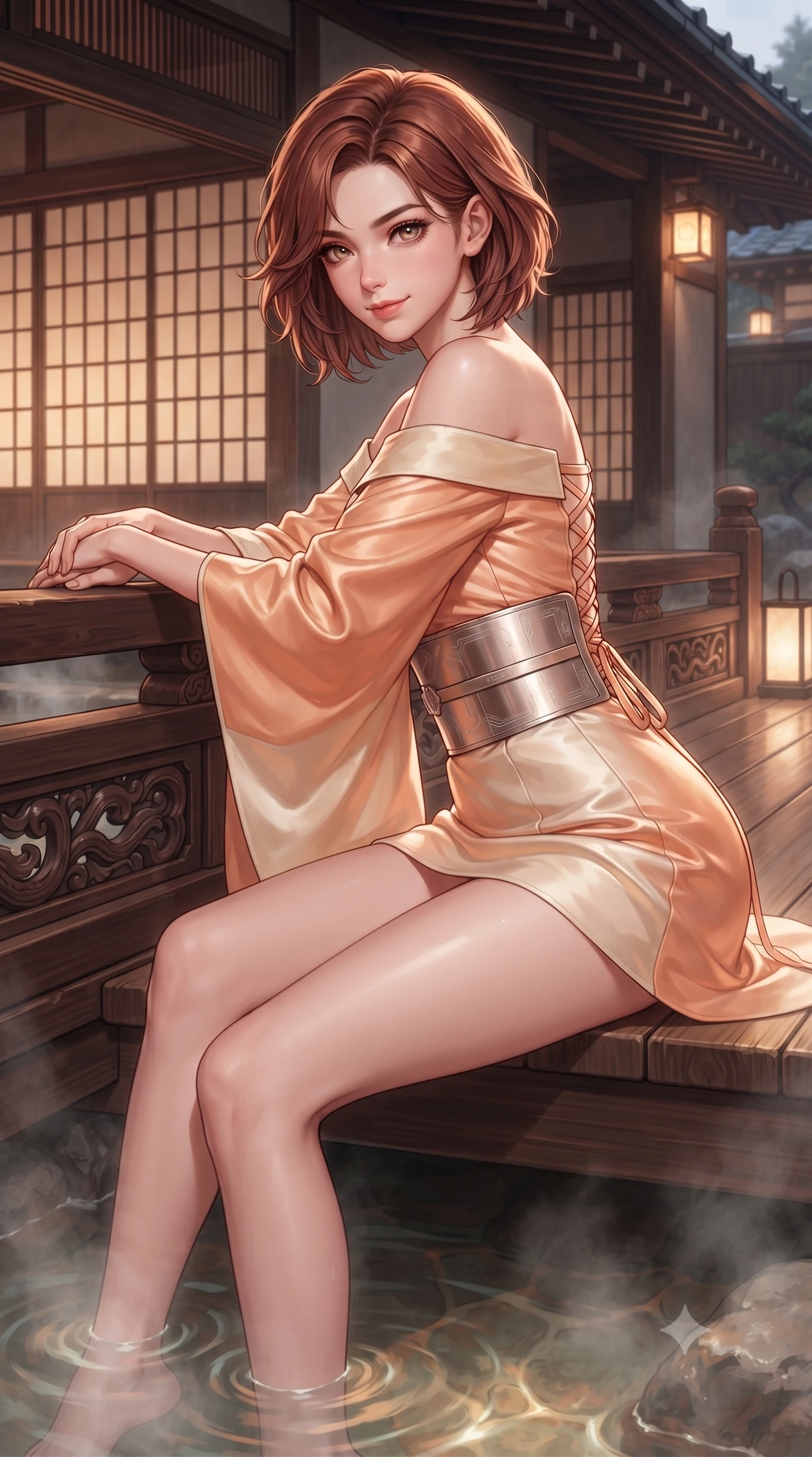 score_9, masterpiece, best quality, ultra-detailed, high-budget anime keyframe, editorial fashion photography, tasteful artistic composition, Korean woman. close-up cowboy shot from the waist and thighs up, the character dominates the composition, filling the frame with her large presence. leaning forward over the carved veranda balustrade while arching her lower back to accentuate her curvy hips, looking into the camera with an enchanting coquettish smile and bedroom-eyes while sitting gracefully on the heated wooden deck with legs dipping in the hot spring, her sleek loungewear radiating cozy sensual warmth. The surrounding environment is rendered in vivid detail and crisp panoramic clarity: detailed loungewear texture, rosy flushed skin highlights, and prestigious ryokan architecture in razor-sharp precision. She has an exceptionally elegant, slender, and willowy female figure with an ultra-slim waist, flat toned midriff, narrow ribcage, and sculpted feminine hips creating an alluring, slim hourglass silhouette without bulk. sharp v-shaped jawline, high-bridge nose, intricate jewel-like dark sparkling almond eyes with depth, thick lashes, glossy parted lips with a natural rose-plum sheen, bright alluring and coquettish smile with bedroom-eyes, exuding both timeless oriental elegance and sovereign high-fashion allure, flawlessly proportioned anatomical accuracy, strict slender model proportions, natural body alignment, perfectly sculpted long slender limbs, ultra-slim waistline, clean dynamic posture without body distortion. wearing an asymmetric off-shoulder cyber-kimono mini dress with a wide metallic obi corset belt accentuating her narrow waist in warm peach apricot and soft vanilla silk, crafted from heavy fluid silk satin with a liquid mirror-like sheen, finished with criss-cross back satin laces tracing her slender spine, the liquid-tight tailored silk fabric clinging flawlessly to her narrow waist and rounded feminine hips, emphasizing every millimeter of her sculpted slim hourglass curves without any bulky heaviness. illuminated by hot spring water caustics and sharp platinum rim lights carving her razor-sharp jawline, narrow waist, and curvy hips. ultra-reflective glossy finish, specular highlights, rich textural contrasts, high-contrast stereoscopic depth, volumetric dynamic lighting, 2k, ultra detail, master piece, 9:16 ratio
