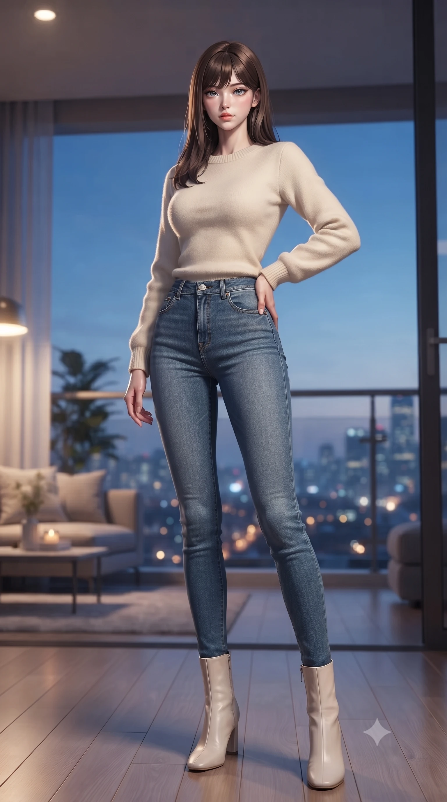 score_9, masterpiece, best quality, ultra-detailed, high-budget anime keyframe, editorial fashion photography, tasteful artistic composition, Korean woman woman. low angle full-body shot from head to toe showing her feet, filling the entire 9:16 vertical frame with her statuesque presence, stretching her vertical silhouette. posing confidently with one hand on her hip, stretching her statuesque body to emphasize her curves the background shows a soft-focus a modern apartment balcony overlooking a distant glittering city skyline at dusk. She has an absolutely perfect, statuesque 8.5-heads proportion, an exceptionally tall and slender model-like female figure with impossibly long slender legs and an ultra-slim waist. sharp v-shaped jawline, high-bridge nose, intricate jewel-like eyes with depth, thick eyelashes, glossy lips with a natural sheen. wearing a body-hugging comfortable cream fleece sweater over blue denim jeans. the cool blue twilight sky contrasting with the warm golden lights of the room inside. ultra-reflective glossy finish, specular highlights, metallic sheen, high-contrast stereoscopic depth, volumetric dynamic lighting, 2k, ultra detail, master piece, 9:16 ratio