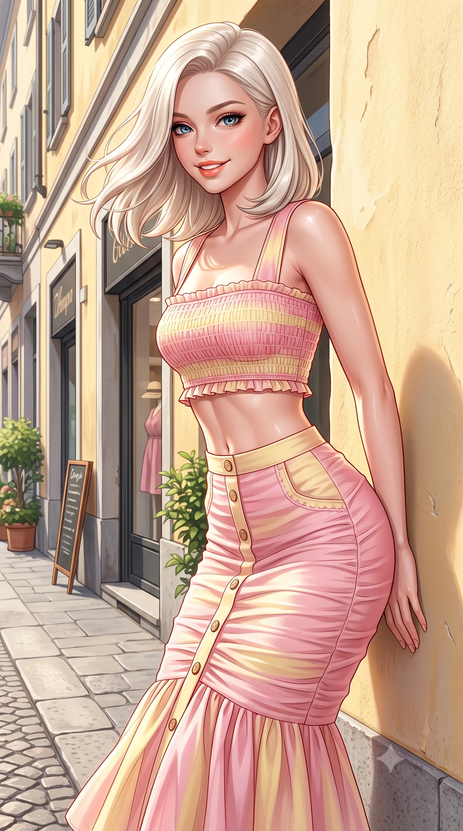 score_9, masterpiece, best quality, ultra-detailed, high-budget anime keyframe, semi-realistic 3D game render, editorial fashion photography, tasteful artistic composition, Caucasian woman. close-up cowboy shot from the waist and thighs up, the character dominates the composition, filling the frame with her large presence. turning playfully with a bright confident smile, her glossy hair tossing in the breeze as her hips angle gracefully in a captivating contrapposto while leaning against a pastel yellow stucco wall with hips cocked back, looking over her shoulder with an alluring, flirtatious bedroom-gaze. The surrounding environment is rendered in vivid detail and crisp panoramic clarity. detailed knit top drape, sunlight specular sheen on skin, and Brera street architecture in high resolution. She has an exceptionally elegant, slender, and willowy female figure with an ultra-slim waist, flat toned midriff, narrow ribcage, and sculpted feminine hips creating an alluring, slim hourglass silhouette without bulk. sharp v-shaped jawline, high-bridge nose, intricate jewel-like sparkling eyes with depth, thick eyelashes, glossy parted lips with a natural peach sheen, bright cheerful beaming smile with an enchanting and coquettish sensual glint, exuding both youthful cute charm and seductive allure, flawlessly proportioned anatomical accuracy, strict slender model proportions, natural body alignment, perfectly sculpted long slender limbs, ultra-slim waistline, clean dynamic posture without body distortion. wearing a fitted square-neck smocked crop top paired with a curve-hugging ruched mermaid midi skirt in sweet strawberry milk pink and butter yellow, woven from layered gossamer organza with weightless flutter, finished with neat front wooden buttons and delicate pocket details, the high-waisted tailoring accentuating her ultra-slim waistline and the enchanting curve of her feminine hips with alluring charm. illuminated by crisp directional highlights accentuating her sculpted midriff, narrow waist, and curvy hips. highly saturated vibrant anime colors, detailed shading with soft gradients, rich glossy textures, high-contrast stereoscopic depth, volumetric dynamic lighting, master piece, 9:16 ratio