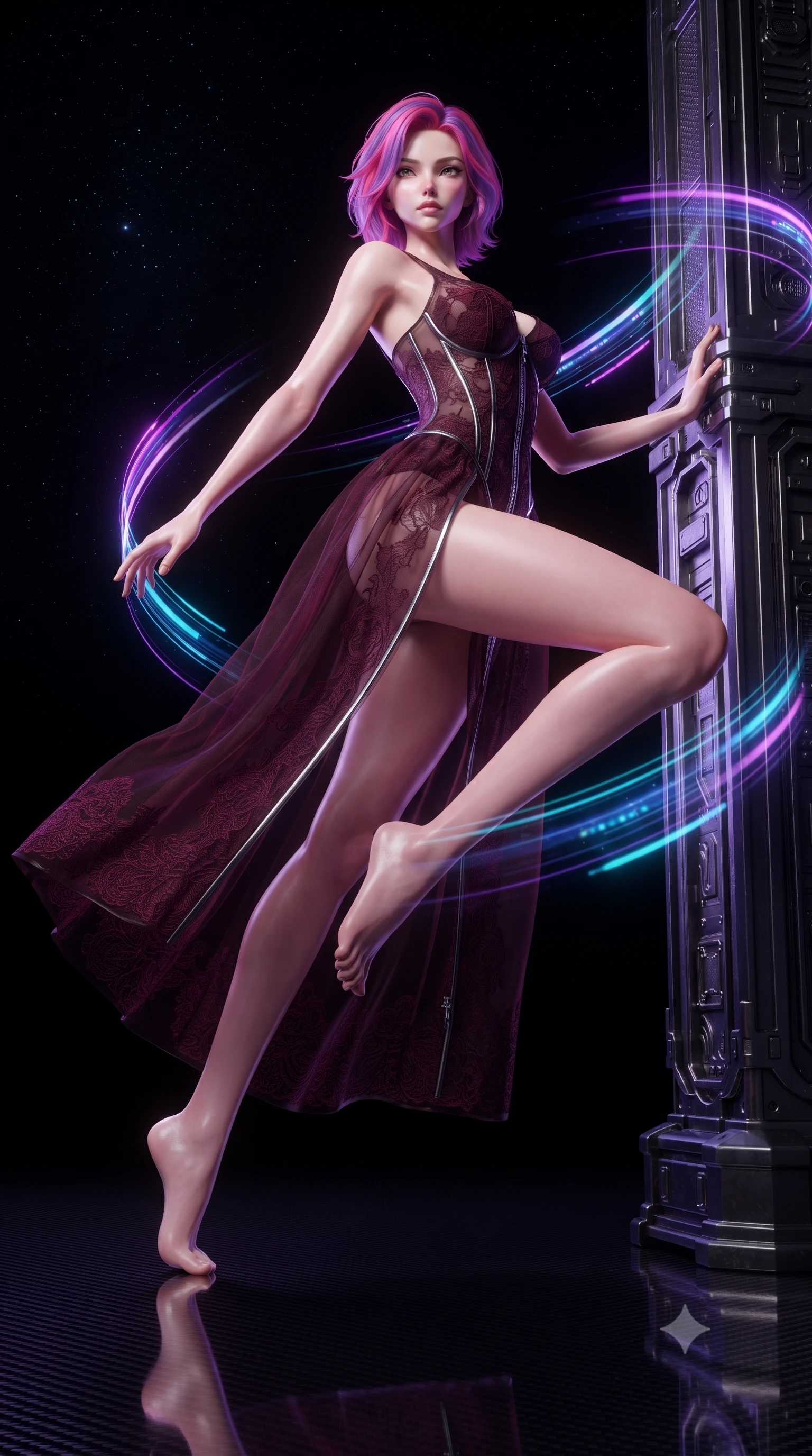 score_9, masterpiece, best quality, ultra-detailed, high-budget anime keyframe, editorial fashion photography, tasteful artistic composition, Caucasian woman. low angle full-body shot from head to toe showing her feet, filling the entire 9:16 vertical frame with her statuesque presence, stretching her vertical silhouette. leaping dynamically through the starry space, her posture full of power and elegance, resting against a dark metallic pillar as holographic data streams orbit her form, dark carbon fiber floor creating sharp specular mirror reflections. She has an absolutely perfect, statuesque 8.5-heads proportion, an exceptionally tall and slender model-like female figure with impossibly long slender legs and an ultra-slim waist. sharp v-shaped jawline, high-bridge nose, intricate jewel-like eyes with depth, thick eyelashes, glossy lips with a natural sheen. wearing low-cut gothic structured bodice gown with high leg slit in deep crimson burgundy, made of sheer dark organza overlay, finished with metallic silver boning and sleek zipper points, following her slender form with tailored precision. illuminated by dark violet and cyan holographic light rays against a black void. highly saturated vibrant anime colors, detailed shading with soft gradients, rich glossy textures, high-contrast stereoscopic depth, volumetric dynamic lighting, master piece, 9:16 ratio