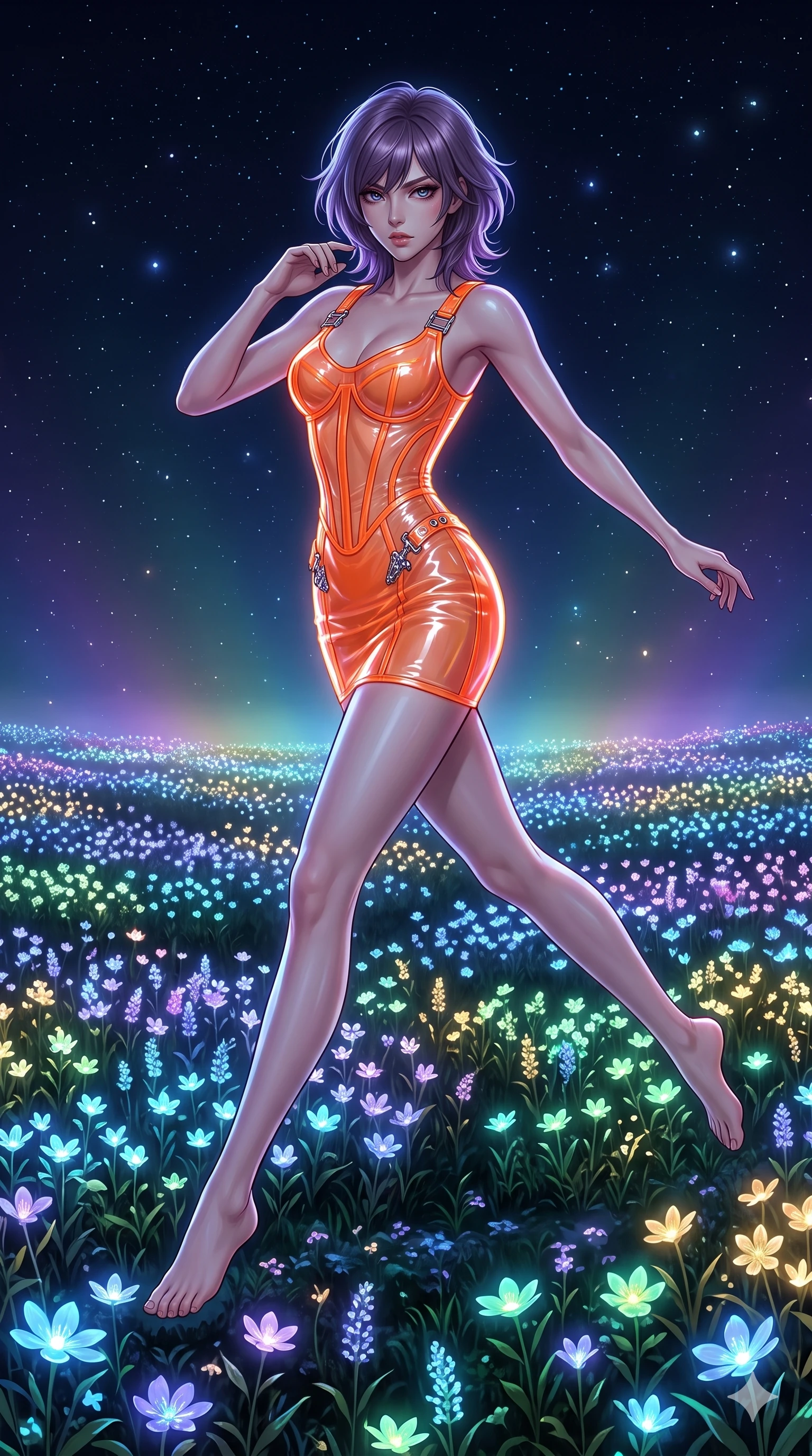 score_9, masterpiece, best quality, ultra-detailed, high-budget anime keyframe, editorial fashion photography, tasteful artistic composition, Japanese woman. low angle full-body shot from head to toe showing her feet, filling the entire 9:16 vertical frame with her statuesque presence, stretching her vertical silhouette. leaping gracefully through a midnight meadow stretching to the horizon where every flower emits its own soft bioluminescent glow in different colors creating a landscape of living light in blue violet green and gold. She has a statuesque 8.5-heads proportion, an exceptionally tall, slender and willowy model-like build with impossibly long legs and a highly sculpted ultra-slim waist. sharp v-shaped jawline, high-bridge nose, intricate jewel-like eyes with depth, thick eyelashes, glossy lips with a natural sheen. wearing a wet-look transparent finish mini dress in neon orange, with a visible corset interior structure and chrome hardware accents. the collective bioluminescent glow of millions of flowers creates a soft upward-casting multicolored luminescence against the dark starry sky above. 2k, ultra detail, master piece, 9:16 ratio