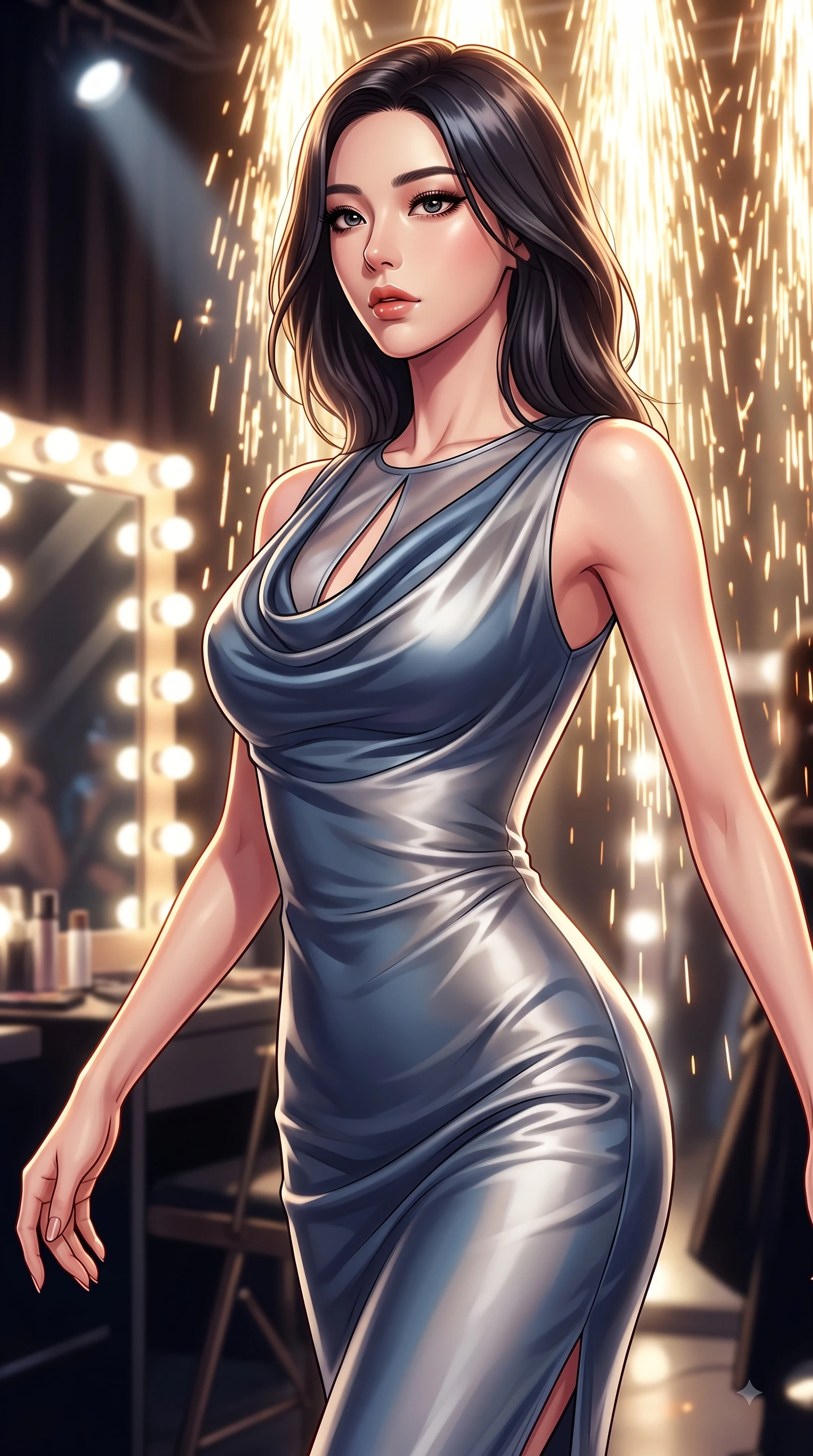score_9, masterpiece, best quality, ultra-detailed, high-budget anime keyframe, editorial fashion photography, tasteful artistic composition, Korean woman. close-up cowboy shot from the waist and thighs up, the character dominates the composition, filling the frame with her large presence, background elements kept in soft focus. Gazing past the lens with smoldering intensity as her torso curves dynamically in mid-stride while resting near a glowing vanity mirror backstage as stage lights trace her contoured waist, golden pyrotechnic sparks falling like a waterfall behind her statuesque silhouette. She has an exceptionally elegant, slender, and willowy female figure with an ultra-slim waist, a gracefully sculpted slender torso, and a refined silhouette. sharp v-shaped jawline, high-bridge nose, intricate jewel-like eyes with depth, thick eyelashes, glossy lips with a natural sheen, flawlessly proportioned anatomical accuracy, natural body alignment, perfectly sculpted elegant limbs, clean dynamic posture without body distortion. wearing an elegant cowl-neck satin midi dress with a graceful draped neckline in slate blue and metallic silver, woven from fine semi-opaque sheer organza, accented with a Tasteful chest slit framing her clavicle gracefully, the glove-like fit emphasizing her statuesque silhouette during motion. surrounded by an electric, high-energy performer aura with sharp shadows. highly saturated vibrant anime colors, detailed shading with soft gradients, rich glossy textures, high-contrast stereoscopic depth, volumetric dynamic lighting, master piece, 9:16 ratio