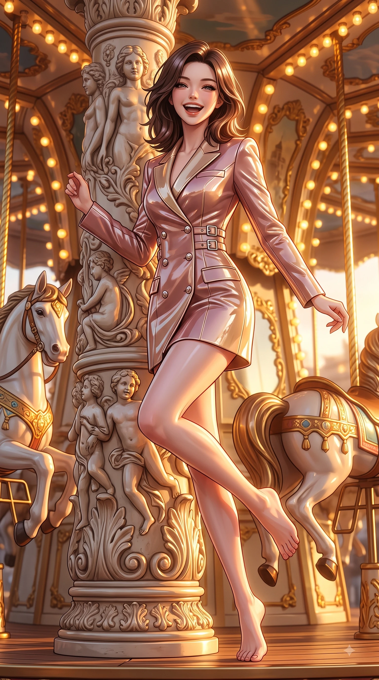 score_9, masterpiece, best quality, ultra-detailed, high-budget anime keyframe, editorial fashion photography, tasteful artistic composition, Korean woman. low angle full-body shot from head to toe showing her feet, filling the entire 9:16 vertical frame with her statuesque presence, stretching her vertical silhouette. performing a cheerful mid-air rotation with flawless poise, her radiant smile capturing pure happy energy while resting playfully against a carved carousel pillar as warm golden hour lamps trace her figure, ornate carved carousel horses with gold-leaf trim reflecting bright amber highlights. She has an absolutely perfect, statuesque 8.5-heads proportion, an exceptionally tall and slender model-like female figure with impossibly long slender legs and an ultra-slim waist. sharp v-shaped jawline, high-bridge nose, intricate jewel-like eyes with depth, thick eyelashes, glossy lips with a natural sheen, flawlessly proportioned anatomical accuracy, natural body alignment, perfectly sculpted elegant limbs, clean dynamic posture without body distortion. wearing a double-breasted blazer dress with subtle metallic pin-stripes in dusty rose and champagne gold, tailored from high-gloss patent leather, detailed with polished silver buckles along the waistline, the form-contouring material highlighting her ultra-slim waist and long lines. bathed in glorious golden hour sunbeams and warm amber carousel lamp radiance. ultra-reflective glossy finish, specular highlights, metallic sheen, high-contrast stereoscopic depth, volumetric dynamic lighting, 2k, ultra detail, master piece, 9:16 ratio