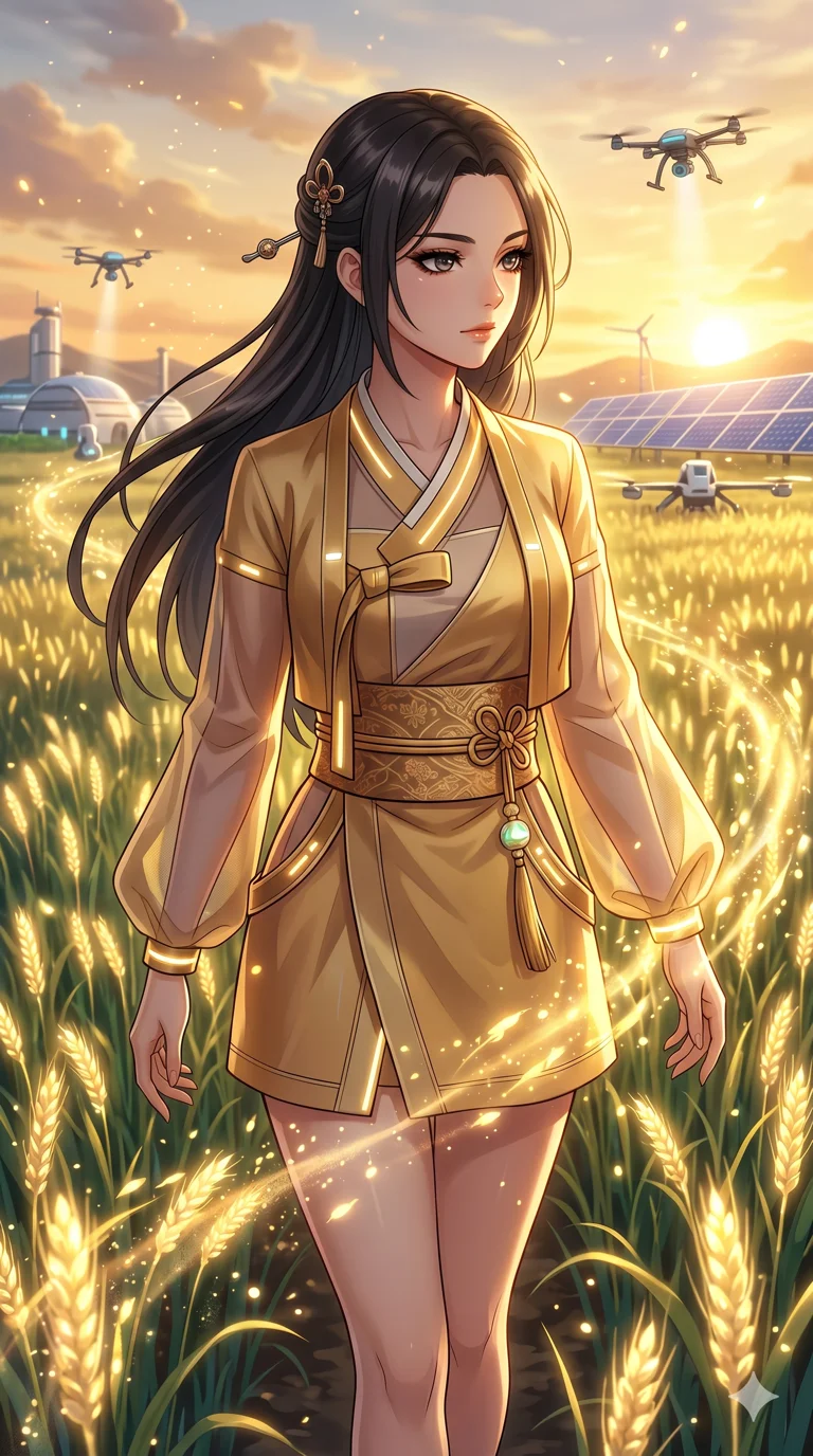 score_9, masterpiece, best quality, ultra-detailed, High-budget Anime Keyframe, beautiful Japanese anime girl. Upper body close-up from the thighs up, character filling the screen for maximum presence. Walking through a field of glowing grain under a golden sun in a high-tech farm. She has an absolutely perfect 8-heads proportion, an exceptionally tall and slender female figure with impossibly long slender legs and an ultra-slim waist. Sharp v-shaped jawline, high-bridge nose, intricate jewel-like eyes with depth, thick eyelashes, glossy lips with a natural sheen. Wearing a Modern Traditional outfit: gold shortened cyber-hanbok, kimono-style wrap with wide obi, fusion silk robes with transparent panels. Background is a bright and colorful environment with cinematic lighting, dynamic particle effects, and high-contrast shadows. 2k, ultra detail, master piece, 9:16 ratio