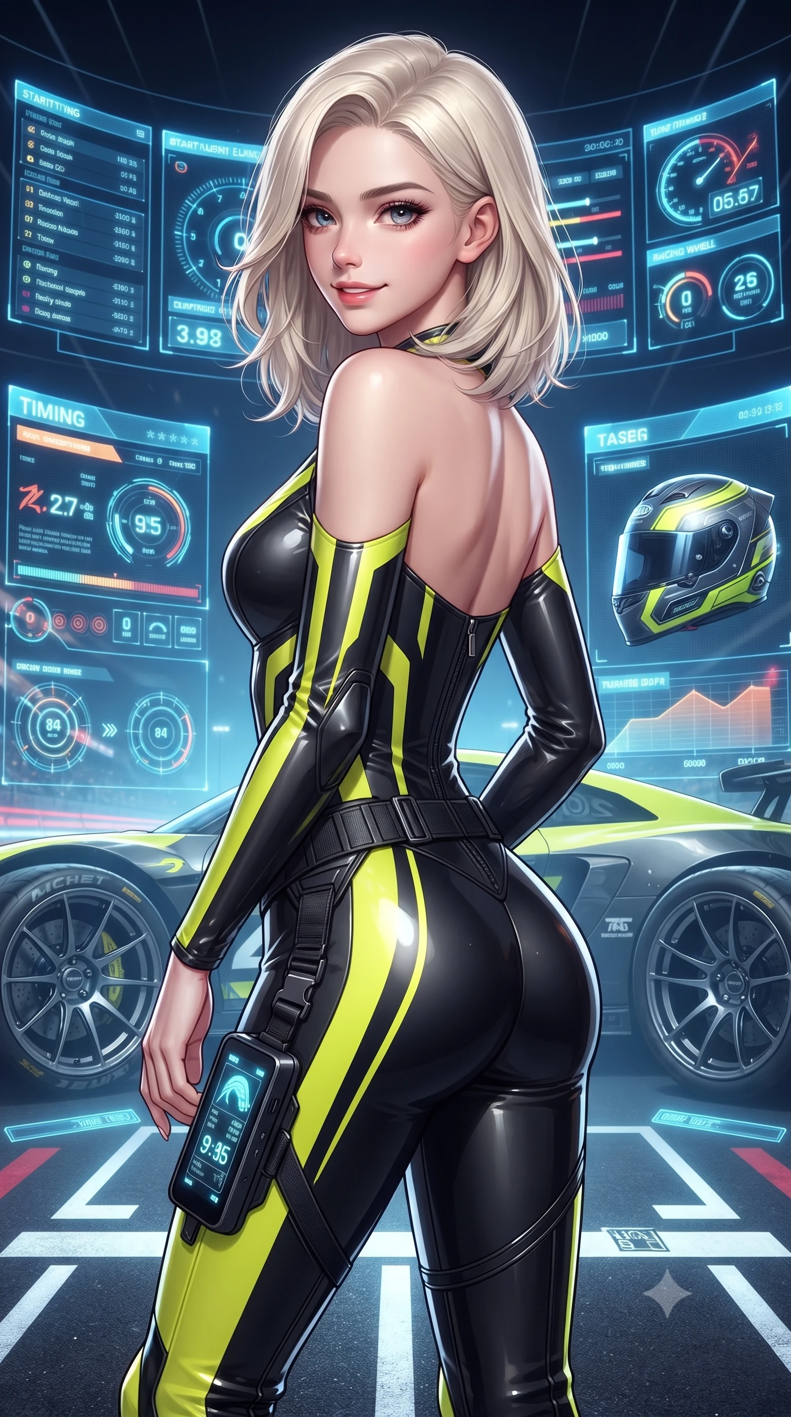 score_9, masterpiece, best quality, ultra-detailed, high-budget anime keyframe, editorial fashion photography, tasteful artistic composition, Caucasian woman. close-up cowboy shot from the waist and thighs up, the character dominates the composition, filling the frame with her large presence. turning over a bare shoulder with an intoxicating, teasing smile, her soft hair framing her sharp jawline as she looks back while posing boldly at the center of the illuminated starting grid as giant holographic jumbotrons flash behind her. The surrounding environment is rendered in vivid detail and crisp panoramic clarity. detailed holographic timing displays, alloy wheel spokes, and high-tech racing helmet in high clarity. She has an exceptionally elegant, slender, and willowy female figure with an ultra-slim waist, a gracefully sculpted slender torso, toned flat midriff, and a refined slim silhouette. sharp v-shaped jawline, high-bridge nose, intricate jewel-like eyes with depth, thick eyelashes, glossy parted lips with a natural sheen, intensely captivating and seductive expression, flawlessly proportioned anatomical accuracy, strict slender model proportions, natural body alignment, perfectly sculpted long slender limbs, ultra-slim waistline, clean dynamic posture without body distortion. wearing a second-skin motocore bodysuit with bold racing stripes and ergonomic aerodynamic knee-high boots in high-gloss asphalt black and hazard neon yellow, tailored from abrasion-resistant Kevlar weave with glossy protective panels, equipped with a sleek thigh-mounted telemetry display and tactical harness, the precision-cut daring openings accentuating her delicate midriff, graceful bare collarbones, and ultra-slim feminine waistline. surrounded by an adrenaline-fueled, audacious, and wildly charismatic drift idol aura. ultra-reflective glossy finish, specular highlights, rich textural contrasts, high-contrast stereoscopic depth, volumetric dynamic lighting, 2k, ultra detail, master piece, 9:16 ratio