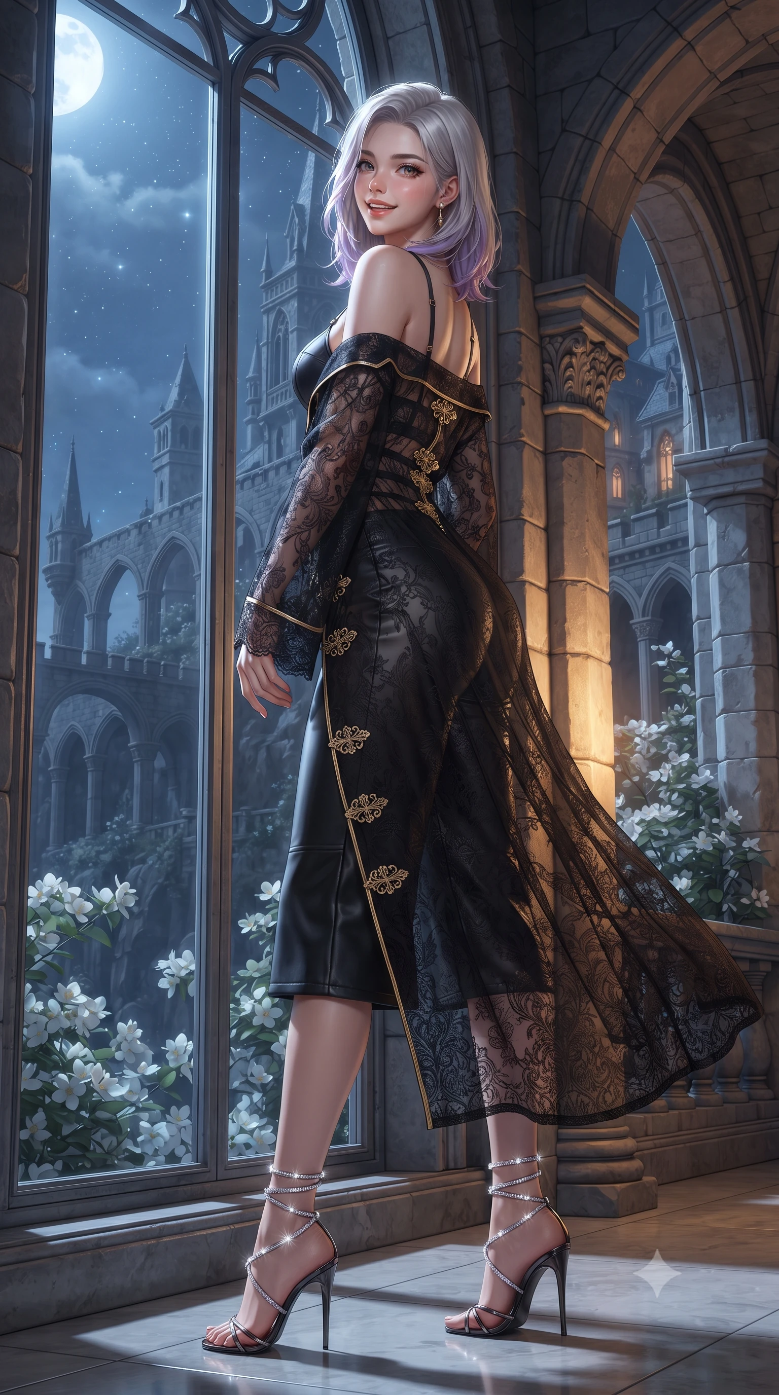 score_9, masterpiece, best quality, ultra-detailed, high-budget anime keyframe, editorial fashion photography, tasteful artistic composition, Caucasian woman. close-up cowboy shot from the waist and thighs up, the character dominates the composition, filling the frame with her large presence. twisting her slender torso in an alluring contrapposto stance, one hand resting on her sculpted hip while her fingers toy with her hair with effortless poise while reclining gracefully across the curved vintage bamboo daybed propped on one elbow, flashing a radiant, playful smile with parted glossy lips. The surrounding environment is rendered in vivid detail and crisp panoramic clarity: detailed outfit silhouette, fabric cling, and vintage Beverly Hills interior craft in high resolution. She has an exceptionally elegant, slender, and willowy female figure with an ultra-slim waist, flat toned midriff, narrow ribcage, and sculpted feminine hips creating an alluring, slim hourglass silhouette without bulk. sharp v-shaped jawline, high-bridge nose, intricate jewel-like sparkling eyes with depth, thick eyelashes, glossy parted lips with a natural peach sheen, bright cheerful beaming smile with an enchanting and coquettish sensual glint, exuding both youthful cute charm and seductive allure, flawlessly proportioned anatomical accuracy, strict slender model proportions, natural body alignment, perfectly sculpted long slender limbs, ultra-slim waistline, clean dynamic posture without body distortion. wearing a sculpted satin underwire crop bustier with lace-up side ties paired with a micro skirt in Brittany pink granite rose and deep Atlantic navy, woven from stretch metallic lurex jersey casting radiant starlight glints across her curves, finished with a thin velvet ribbon choker and a single teardrop diamond pendant, the impeccably tailored cut draping gracefully along her slender figure with aristocratic poise. illuminated by mirror reflection fill and sharp champagne-rose rim lights defining her dewy collarbones, ultra-slim waist, and curvy hips. ultra-reflective glossy finish, specular highlights, rich textural contrasts, high-contrast stereoscopic depth, volumetric dynamic lighting, 2k, ultra detail, master piece, 9:16 ratio