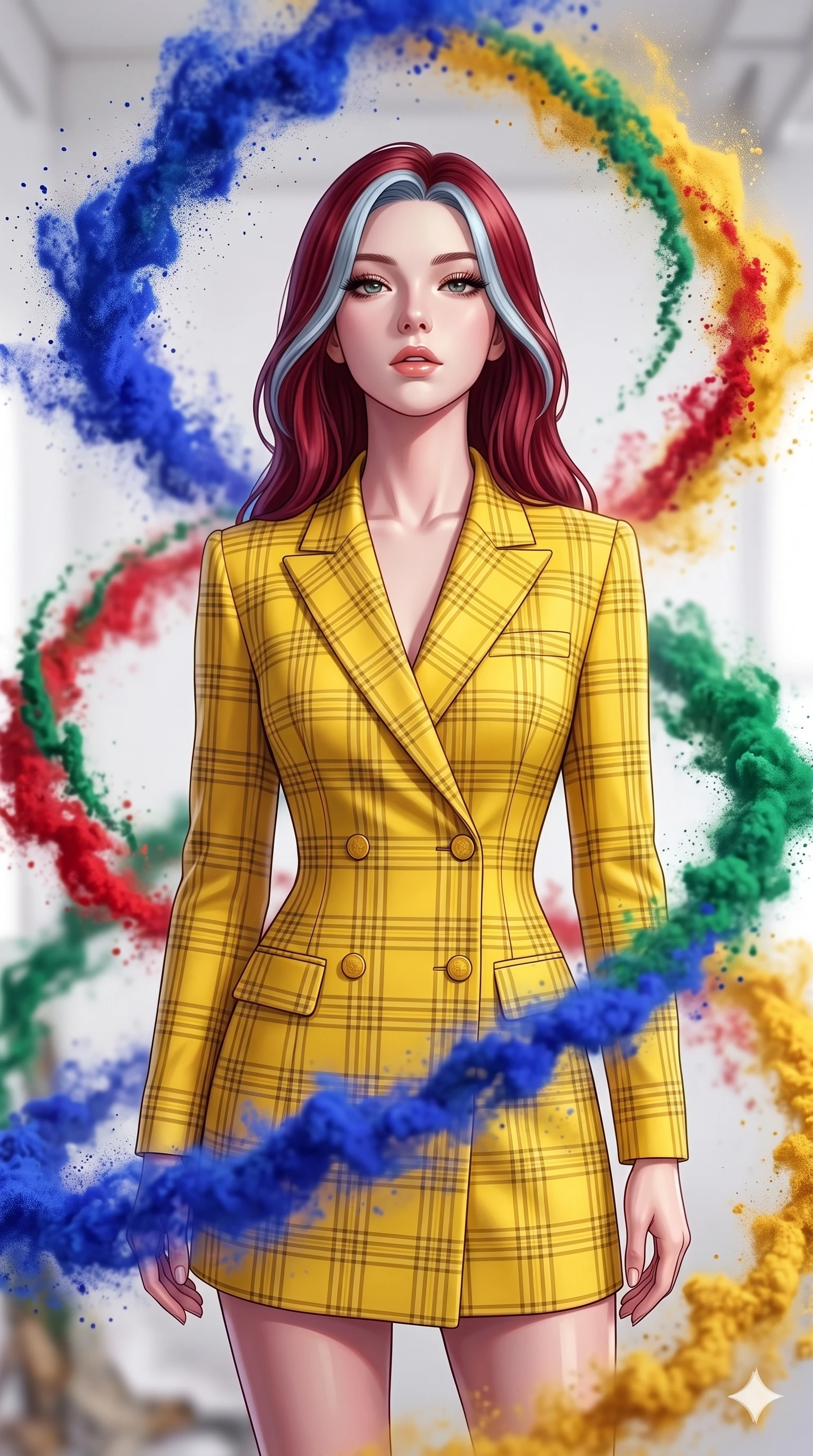 score_9, masterpiece, best quality, ultra-detailed, high-budget anime keyframe, editorial fashion photography, tasteful artistic composition, Caucasian woman, strictly human ears. close-up cowboy shot from the waist and thighs up, the character dominates the composition, filling the frame with her large presence, background elements kept in soft focus. Tilting her chin up slightly with lips parted in a composed expression. set against a soft-focus background of an artist's white studio where spiraling vortexes of pure dry pigment powder in vivid ultramarine cadmium red viridian and gold orbit around the center in hypnotic double-helix formations. She has an exceptionally elegant and slender, willowy female figure with an ultra-slim waist, a gracefully sculpted slender torso, and a refined slim physique. sharp v-shaped jawline, high-bridge nose, intricate jewel-like eyes with depth, thick eyelashes, glossy lips with a natural sheen. wearing a fitted double-breasted blazer dress in a bright canary yellow plaid, nips at her ultra-slim waist to emphasize her slender proportions. clean white studio side-lighting catching the suspended pigment particles making them glow with their own saturated colors against the neutral white studio backdrop. 2k, ultra detail, master piece, 9:16 ratio