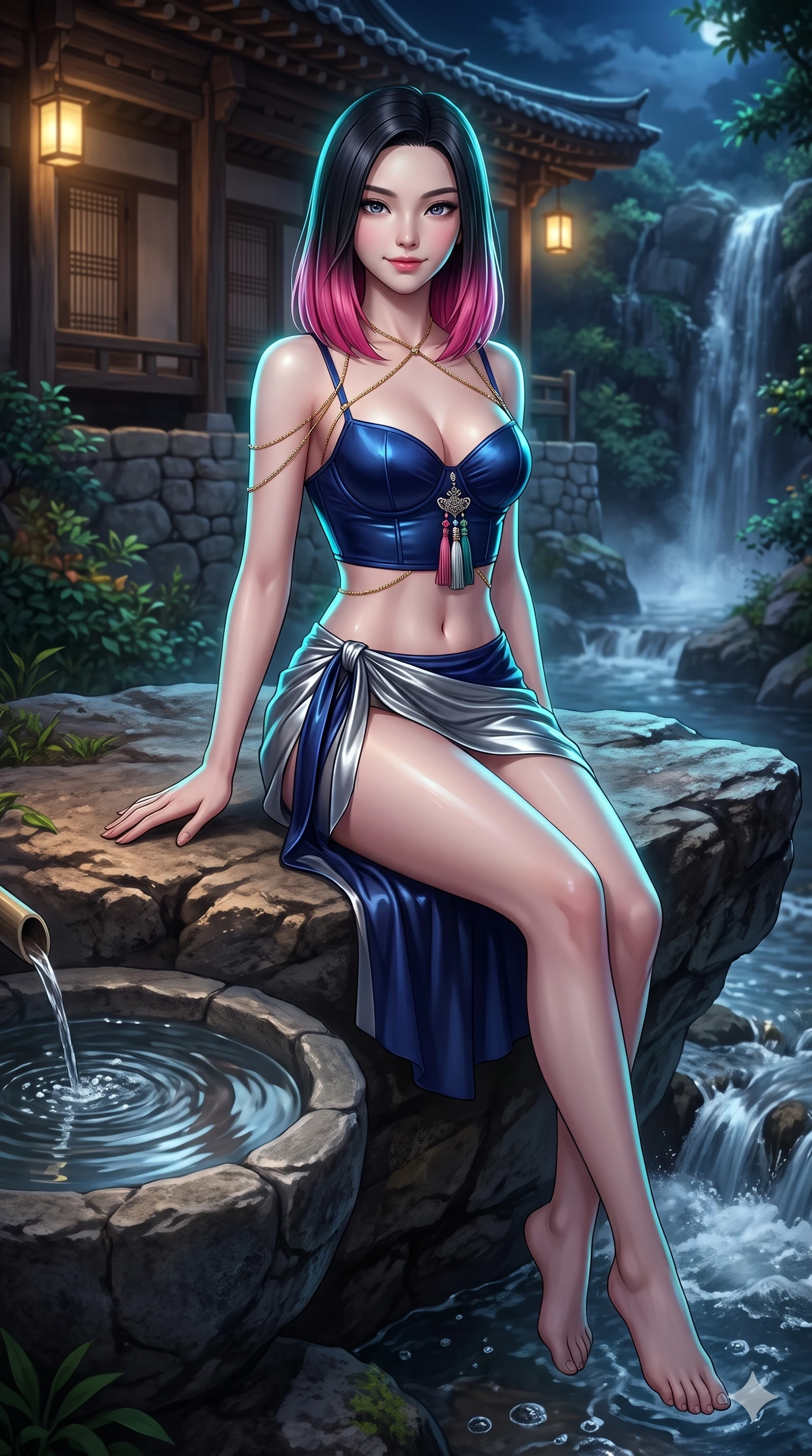 score_9, masterpiece, best quality, ultra-detailed, high-budget anime keyframe, semi-realistic 3D game render, editorial fashion photography, tasteful artistic composition, Korean woman. close-up cowboy shot from the waist and thighs up, the character dominates the composition, filling the frame with her large presence. smiling with quiet, magnetic self-assurance directly into the camera, her sculpted waistline catching specular moonbeam highlights while perched sideways on the natural rock ledge beside the stone water basin, legs dangling gracefully toward the bubbling mountain stream. The surrounding environment is rendered in vivid detail and crisp panoramic clarity: detailed wet-look vinyl bustier tailoring, sheer wrap trousers, and mountain teahouse craft in razor-sharp precision. She has an exceptionally elegant, slender, and willowy female figure with an ultra-slim waist, flat toned midriff, narrow ribcage, and sculpted feminine hips creating an alluring, slim hourglass silhouette without bulk. sharp v-shaped jawline, high-bridge nose, sparkling eyes with hypnotic seductive depth, thick curled eyelashes, glossy parted lips with a natural dewy peach sheen, alluring bedroom-eyes with an enchanting coquettish smile, exuding magnetic siren charisma and sophisticated glamour, flawlessly proportioned anatomical accuracy, strict slender model proportions, natural body alignment, perfectly sculpted long slender limbs, ultra-slim waistline, clean dynamic posture without body distortion. wearing a structured underwire silk bustier top with norigae accents paired with a high-cut draped sarong mini wrap in metallic liquid silver and deep sapphire navy, crafted from wet-look high-gloss vinyl fabric with dazzling specular surface reflections, accented with a gold body chain harness subtly framing her dewy collarbones and spine, the form-contouring silhouette accentuating her sculpted flat midriff, narrow delicate ribcage, and gracefully curvy hips with intoxicating allure. illuminated by waterfall foam bounce and sharp cyan-aquamarine rim lights sculpting her razor-sharp jawline, narrow waist, and curvy hips. highly saturated vibrant anime colors, detailed shading with soft gradients, rich glossy textures, high-contrast stereoscopic depth, volumetric dynamic lighting, master piece, 9:16 ratio