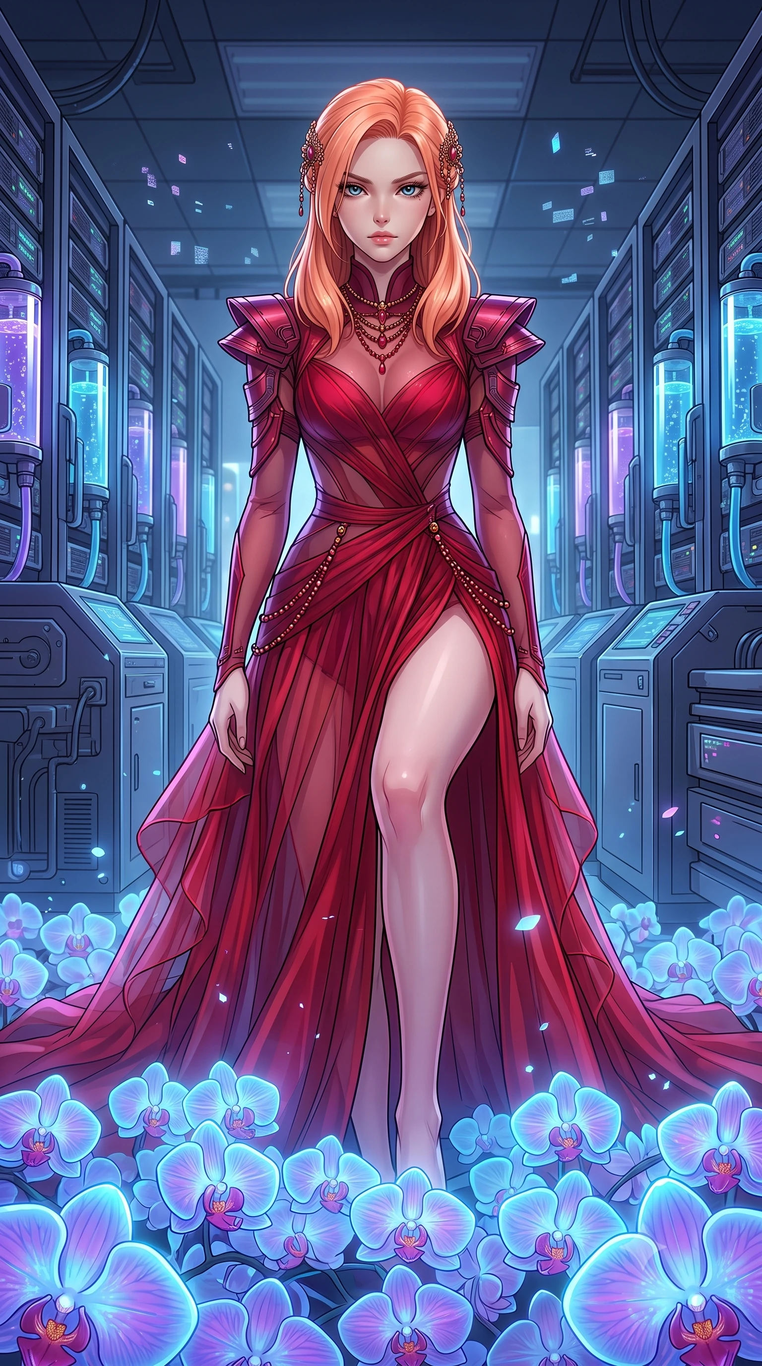score_9, masterpiece, best quality, ultra-detailed, High-budget Anime Keyframe, East Asian woman. Dynamic full-body shot stretching the vertical silhouette to the limit. Scenario 430: kneeling on a soft bed of glowing neon orchids under a high-tech laboratory with rows of water-cooled server racks. Her presence is magnetic and overpowering in this high-budget anime scene. Outfit 430: a body-hugging crimson red sheer organza gown featuring a high-slit skirt and structured shoulders. The clothing is designed to emphasize her exceptionally tall and slender 8-heads proportion. 8-heads proportion, towering silhouette, ultra-slim waist. sharp v-shaped jawline, intricate jewel-like eyes with depth, thick eyelashes, glossy lips. 2k, ultra detail, master piece, 9:16 ratio
