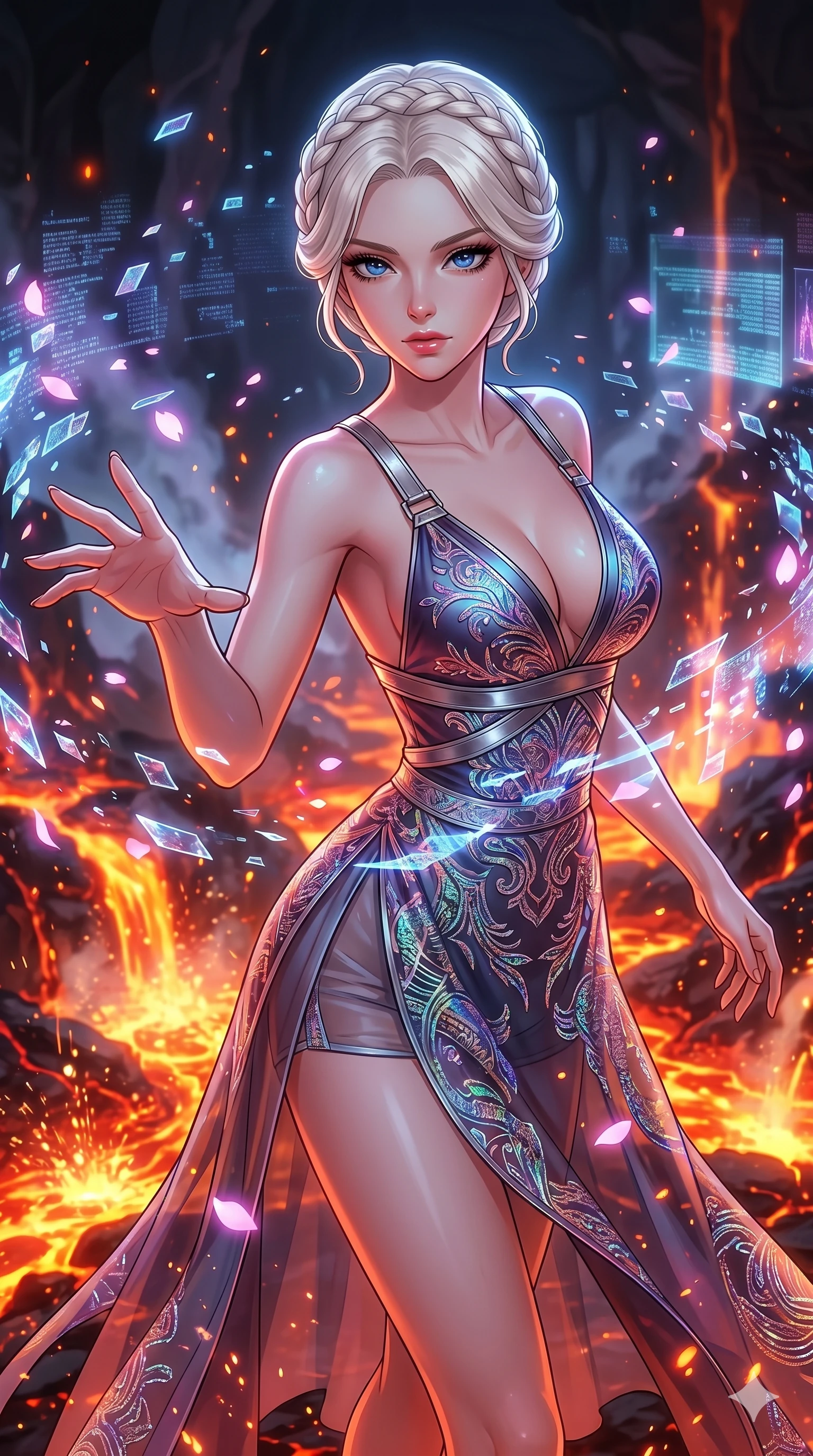 score_9, masterpiece, best quality, ultra-detailed, high-budget anime movie keyframe, cinematic anime lighting, intricate line art, Caucasian (strictly human ears) anime girl. Upper body filling screen focusing on her alluring features and slim-fit silhouette. dancing with data-shards in a volcanic lava forge with digital sakura petals. She has an absolutely perfect 8-heads proportion, an exceptionally tall and slender female figure with an ultra-slim waist and impossibly long slender legs. sharp v-shaped jawline, high-bridge nose, intricate jewel-like eyes, thick eyelashes, glossy lips. Wearing modernized deep-plunging silk hanbok-fusion with metallic straps, a high-slit sheer skirt over micro-shorts, and holographic embroidered patterns. The scene is illuminated by dramatic atmospheric lighting and vibrant color palettes. 2k, ultra detail, master piece, 9:16 ratio