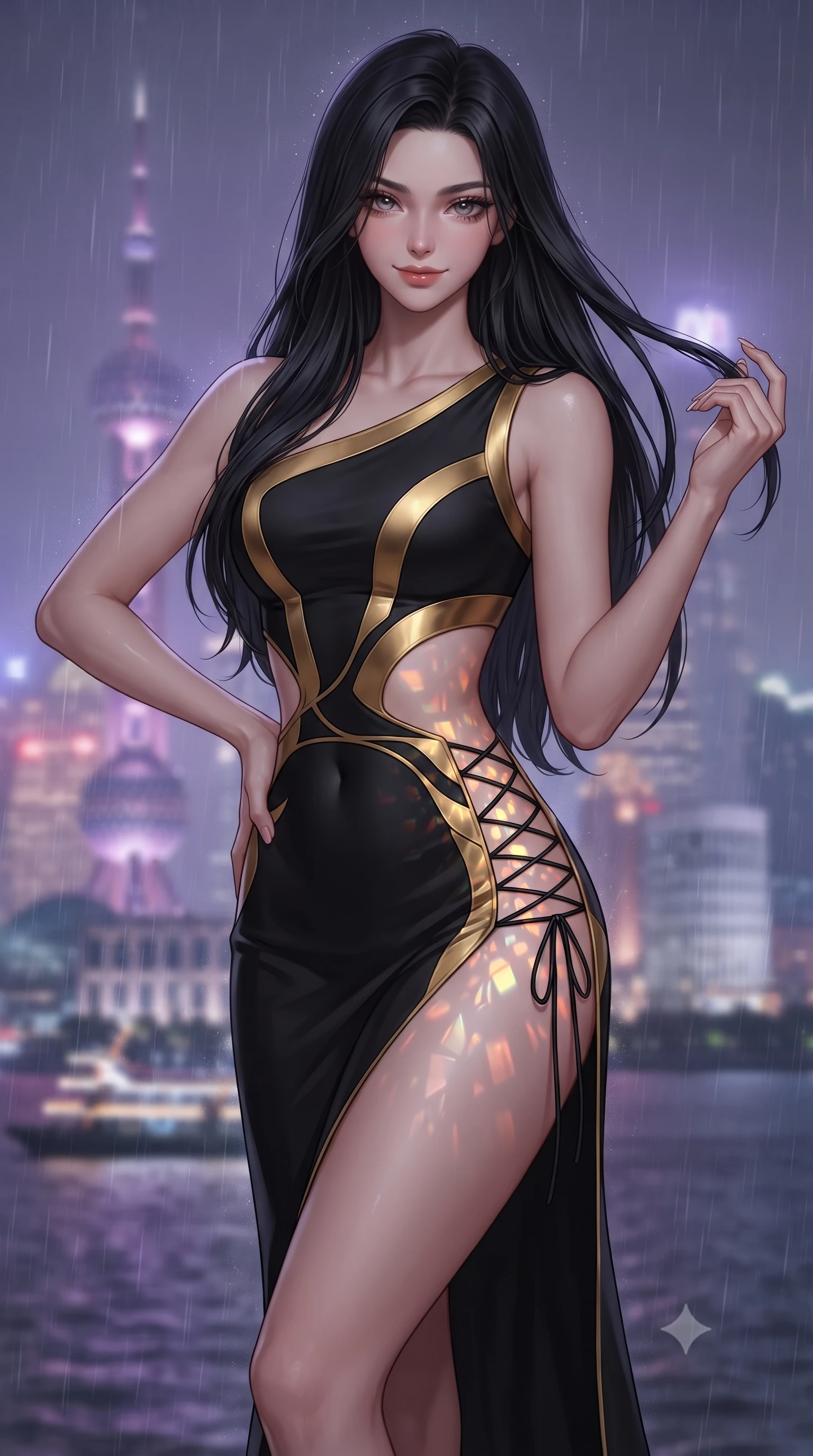score_9, masterpiece, best quality, ultra-detailed, high-budget anime keyframe, editorial fashion photography, tasteful artistic composition, Korean woman. close-up cowboy shot from the waist and thighs up, the character dominates the composition, filling the frame with her large presence. twisting her slender torso in an alluring contrapposto stance, one hand resting on her sculpted hip while her fingers toy with her hair with effortless poise while twisting her slender torso in an alluring S-curve, countless neon city lights refracting through water streams onto her flat midriff and curvy hips. The background shows a soft-focus cascading rain rivulets on glass, misty halo around the Oriental Pearl Tower, and moving ferry boat lights on Huangpu River blurred into violet, apricot, and sapphire bokeh. She has an exceptionally elegant, slender, and willowy female figure with an ultra-slim waist, flat toned midriff, narrow ribcage, and sculpted feminine hips creating an alluring, slim hourglass silhouette without bulk. sharp v-shaped jawline, high-bridge nose, sparkling eyes with hypnotic seductive depth, thick curled eyelashes, glossy parted lips with a natural dewy peach sheen, alluring bedroom-eyes with an enchanting coquettish smile, exuding magnetic siren charisma and sophisticated glamour, flawlessly proportioned anatomical accuracy, strict slender model proportions, natural body alignment, perfectly sculpted long slender limbs, ultra-slim waistline, clean dynamic posture without body distortion. wearing an asymmetric one-shoulder liquid jersey gown with dramatic hip-high slit and sculptural waist cutout in Shanghai Art Deco black and polished brass gold, tailored from fine structural neoprene with crisp architectural edges and smooth contouring, featuring fine criss-cross lace-up side ties revealing tantalizing glimpses of her hip curve, the high-slit wrap tailoring accentuating her ultra-slim waistline and the enchanting curve of her feminine hips with alluring seductive charm. bathed in dynamic shifting neon light transmitted through rain-streaked exterior glass panes. ultra-reflective glossy finish, specular highlights, rich textural contrasts, high-contrast stereoscopic depth, volumetric dynamic lighting, 2k, ultra detail, master piece, 9:16 ratio