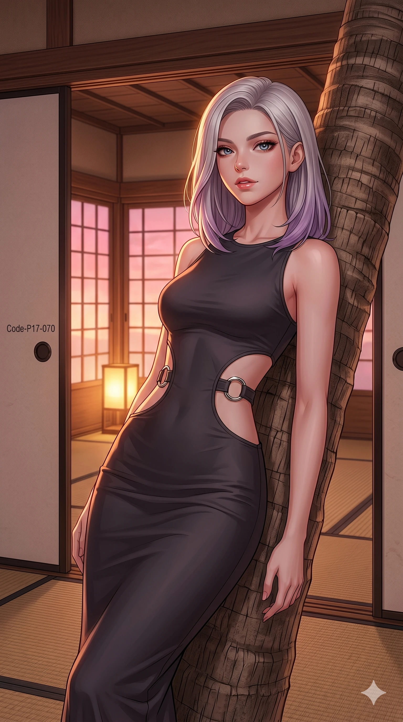 score_9, masterpiece, best quality, ultra-detailed, high-budget anime keyframe, editorial fashion photography, tasteful artistic composition, Caucasian woman, strictly human ears. cowboy shot from the thighs up, character and outfit filling the frame for maximum editorial presence. leaning back against a massive palm trunk, her lips parted slightly in a confident smile inside a traditional tatami room with sliding paper doors (Code-P17-070). She has an absolutely perfect 8-heads proportion, an exceptionally tall and slender female figure with impossibly long slender legs and an ultra-slim waist. V-shaped jawline, high-bridge nose, intricate jewel-like eyes with depth, thick eyelashes, glossy lips with a natural sheen. wearing a bodycon dress with dramatic curved waist cutouts framed by chrome ring hardware. soft pink sunset glow mixed with warm lantern light, tracing her jawline and lips. 2k, ultra detail, master piece, 9:16 ratio