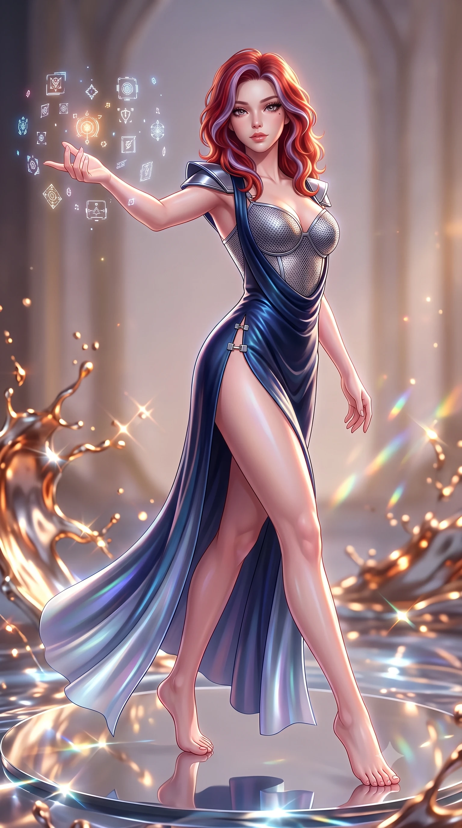 score_9, masterpiece, best quality, ultra-detailed, high-budget anime keyframe, semi-realistic 3D game render, editorial fashion photography, tasteful artistic composition, Caucasian woman. close-up cowboy shot from the waist and thighs up, the character dominates the composition, filling the frame with her large presence. extending one arm gracefully as floating holographic glyphs and nano-crystals orbit her fingertips with sovereign power while stretching forward with an alluring S-curve silhouette on a floating mirror dais catching intense caustic reflections. The composition keeps background elements in soft focus with creamy bokeh. molten metal splashes and light caustics scattering radiant glints across a soft-focus background. She has an exceptionally elegant, slender, and willowy female figure with an ultra-slim waist, a gracefully sculpted slender torso, toned flat midriff, and a refined slim silhouette. sharp v-shaped jawline, high-bridge nose, intricate jewel-like eyes with depth, thick eyelashes, glossy lips with a natural sheen, flawlessly proportioned anatomical accuracy, strict slender model proportions, natural body alignment, perfectly sculpted long slender limbs, ultra-slim waistline, clean dynamic posture without body distortion. wearing a structured titanium-mesh bustier with geometric shoulder pauldrons and an ultra-slender liquid jersey drape in deep midnight navy blue and pure starlight chrome, made of smooth flowing silk chiffon that shifts colors with movement, finished with an ultra-high side slit secured by miniature magnetic clasps, the liquid-tight tailored fabric emphasizing every curve of her tall, slender model proportions and sculptured silhouette during dynamic movement. surrounded by an opulent, mystical, and sacredly sensual android goddess ambiance. rich saturated anime colors with glowing neon highlights, detailed shading with soft gradients, rich glossy textures, high-contrast stereoscopic depth, volumetric dynamic lighting, master piece, 9:16 ratio