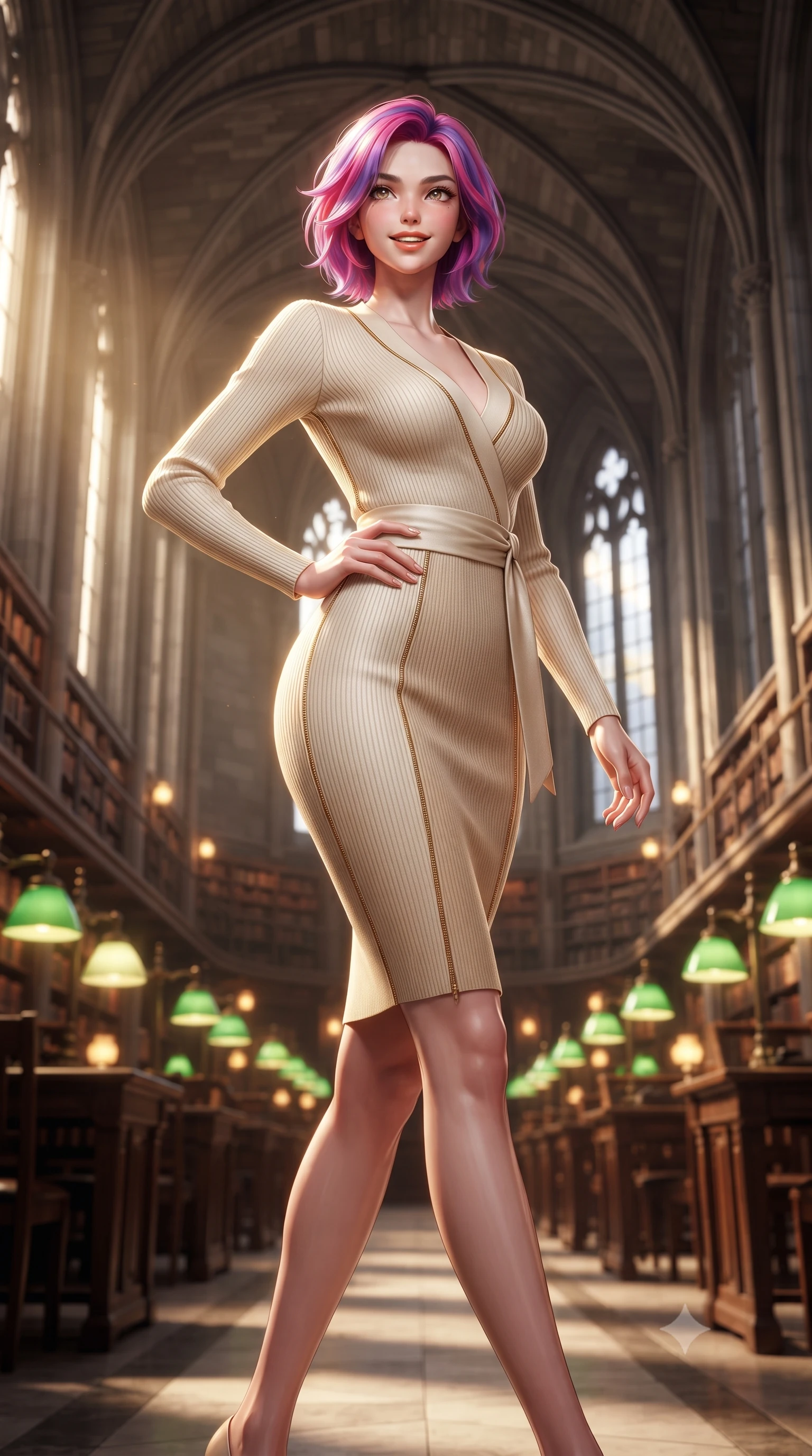 score_9, masterpiece, best quality, ultra-detailed, high-budget anime keyframe, editorial fashion photography, tasteful artistic composition, Caucasian woman. low angle full-body shot from head to toe showing her feet, filling the entire 9:16 vertical frame with her statuesque presence, stretching her vertical silhouette. walking briskly with tall supermodel strides, one hand placed on her narrow hip, her impossibly long slender legs commanding the frame while walking slowly down the grand vaulted central aisle between green banker desk lamps, turning with effortless aristocratic grace. The background shows a soft-focus soaring gothic stone arches, tiers of leather-bound antique books, and warm green banker lamps blurred into emerald, amber, and mahogany bokeh. She has an exceptionally tall and slender model-like 8.5-heads proportion, an ultra-slim waist, a flat toned midriff, narrow delicate ribcage, and beautifully sculpted feminine hips creating a graceful, slim hourglass silhouette without any bulky heaviness, with impossibly long slender legs. sharp v-shaped jawline, high-bridge nose, intricate jewel-like sparkling eyes with depth, thick eyelashes, glossy parted lips with a natural peach sheen, bright cheerful beaming smile with an enchanting and coquettish sensual glint, exuding both youthful cute charm and seductive allure, flawlessly proportioned anatomical accuracy, strict slender model proportions, natural body alignment, perfectly sculpted long slender limbs, ultra-slim waistline, clean dynamic posture without body distortion. wearing a form-fitting ribbed silk-cashmere wrap dress with a cinched sash belt framing her feminine hourglass proportions in soft champagne ivory and warm biscuit beige, tailored from form-contouring ribbed merino wool hugging her torso like a second skin, featuring fine gold zipper details tracing the vertical spine and contour seams, the glove-like clinging cut tightly following the natural contour of her hips and long slender legs with youthful 8.5-heads elegance. bathed in luminous golden afternoon sunlight slanting through tall gothic lancet windows mixed with warm brass desk lamp glows. ultra-reflective glossy finish, specular highlights, rich textural contrasts, high-contrast stereoscopic depth, volumetric dynamic lighting, 2k, ultra detail, master piece, 9:16 ratio