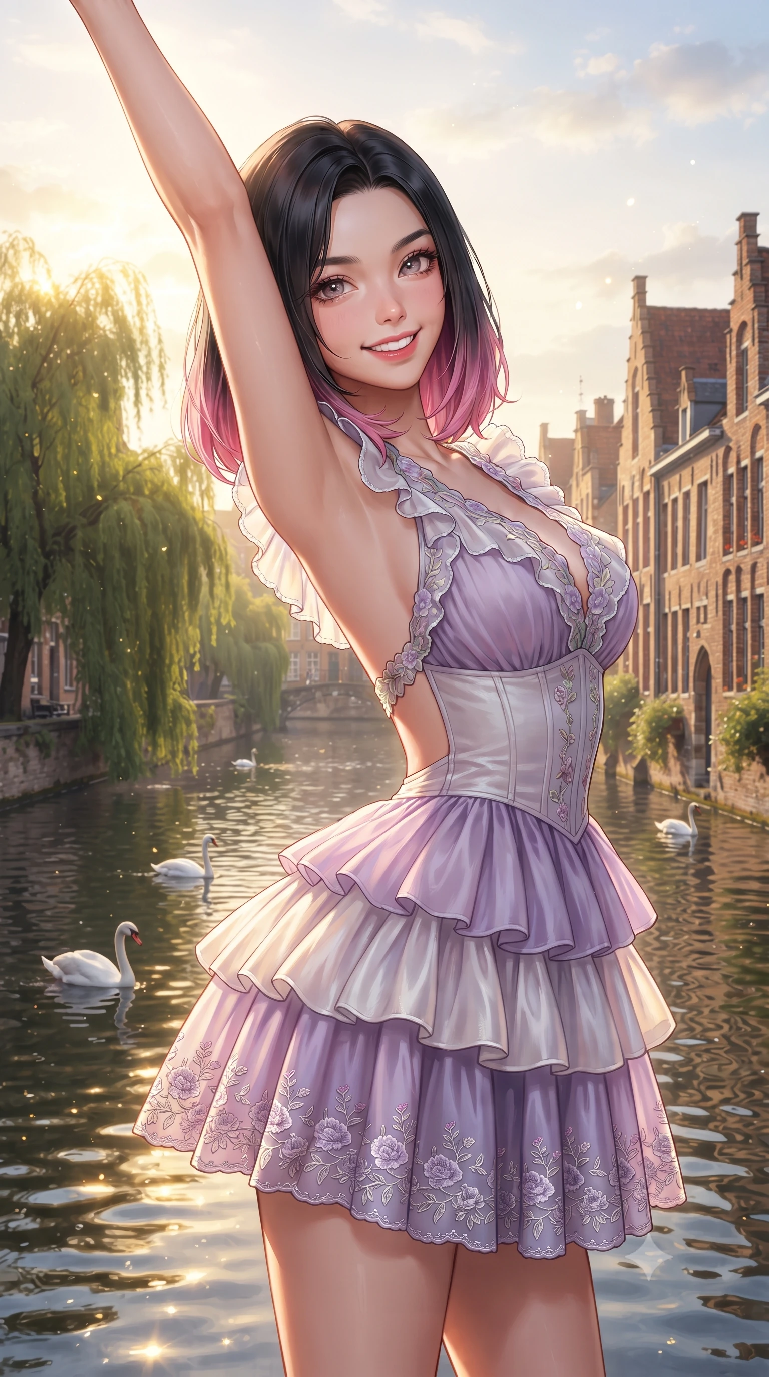 score_9, masterpiece, best quality, ultra-detailed, high-budget anime keyframe, editorial fashion photography, tasteful artistic composition, Korean woman. close-up cowboy shot from the waist and thighs up, the character dominates the composition, filling the frame with her large presence. playfully stretching one arm overhead toward the sun, her radiant smile capturing fresh girlhood charm while her arched torso reveals an intoxicating hip contour while twisting her slender torso in an alluring S-curve as white swans glide past in the calm canal water beneath morning sunbeams. The surrounding environment is rendered in vivid detail and crisp panoramic clarity. sharp Flemish brick masonry, canal waterline ripples, and willow leaf textures in deep focus. She has an exceptionally elegant, slender, and willowy female figure with an ultra-slim waist, flat toned midriff, narrow ribcage, and sculpted feminine hips creating an alluring, slim hourglass silhouette without bulk. sharp v-shaped jawline, high-bridge nose, intricate jewel-like sparkling eyes with depth, thick eyelashes, glossy parted lips with a natural peach sheen, bright cheerful beaming smile with an enchanting and coquettish sensual glint, exuding both youthful cute charm and seductive allure, flawlessly proportioned anatomical accuracy, strict slender model proportions, natural body alignment, perfectly sculpted long slender limbs, ultra-slim waistline, clean dynamic posture without body distortion. wearing a tiered ruffled chiffon mini dress with a fitted corseted waist and open back in delicate lavender violet and pearlescent white, woven from layered gossamer organza with weightless flutter, complemented by delicate embroidered floral trim along the hem, the liquid-tight tailored fabric clinging flawlessly to her narrow waist and rounded feminine hips, emphasizing every millimeter of her sculpted slim hourglass curves without any bulky heaviness. bathed in gentle, golden morning northern European sunlight reflecting off calm canal waters. ultra-reflective glossy finish, specular highlights, rich textural contrasts, high-contrast stereoscopic depth, volumetric dynamic lighting, 2k, ultra detail, master piece, 9:16 ratio