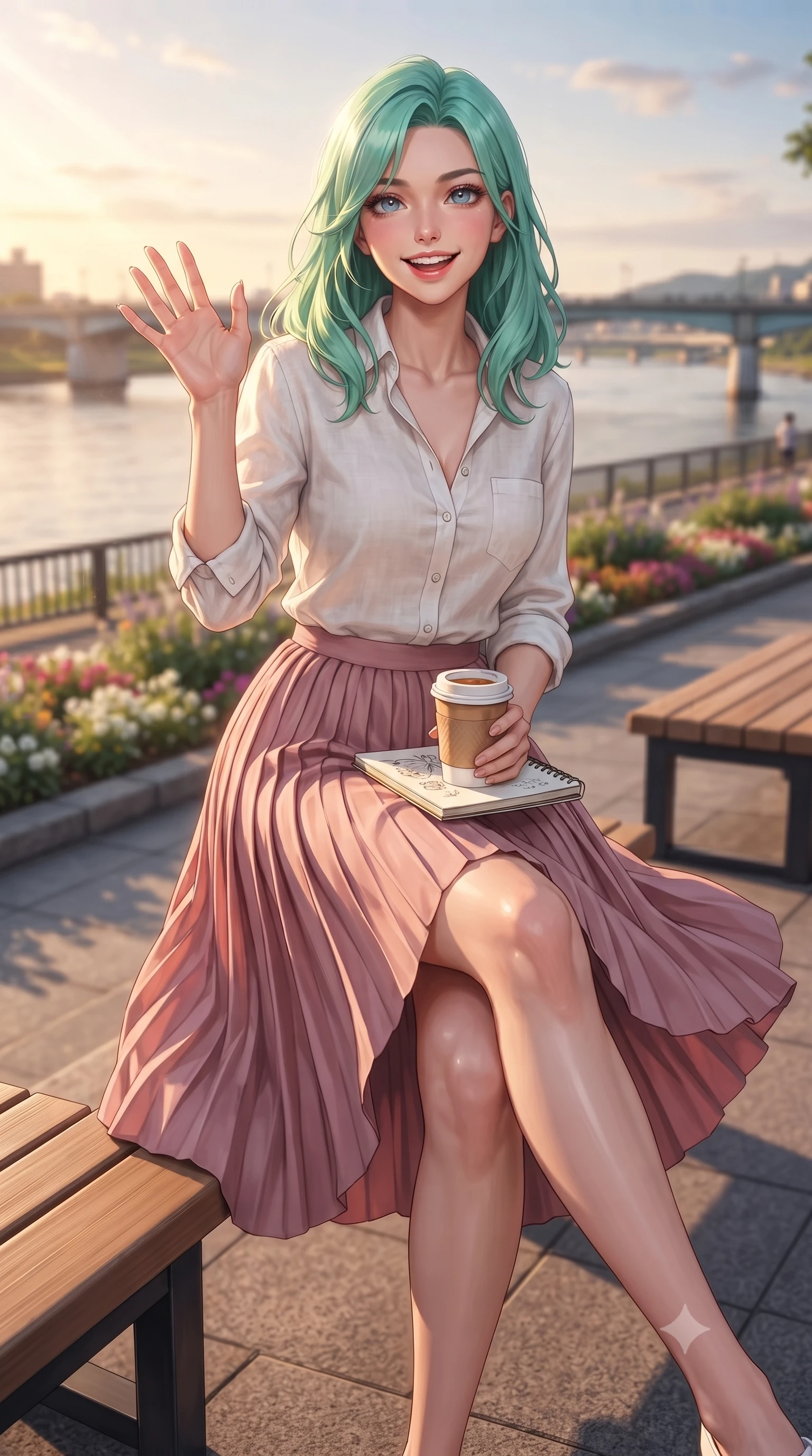 score_9, masterpiece, best quality, ultra-detailed, high-budget anime keyframe, editorial fashion photography, tasteful artistic composition, Japanese woman. low angle full-body shot from head to toe showing her feet, filling the entire 9:16 vertical frame with her statuesque presence, stretching her vertical silhouette. stepping forward with a bright, cheerful smile, waving happily at the viewer set against a soft-focus background of at a scenic river bend overlook with wooden benches and flower beds with a paper cup of warm tea and a small sketchbook on her lap. She has an absolutely perfect, statuesque 8.5-heads proportion, an exceptionally tall and slender model-like female figure with impossibly long slender legs and an ultra-slim waist. sharp v-shaped jawline, high-bridge nose, intricate jewel-like eyes with depth, thick eyelashes, glossy lips with a natural sheen. wearing slim-fit casual linen button-down shirt in white, paired with a flowy pleated skirt in dusty pink. volumetric sunset rays casting long warm highlights on her active form. ultra-reflective glossy finish, specular highlights, metallic sheen, high-contrast stereoscopic depth, volumetric dynamic lighting, 2k, ultra detail, master piece, 9:16 ratio