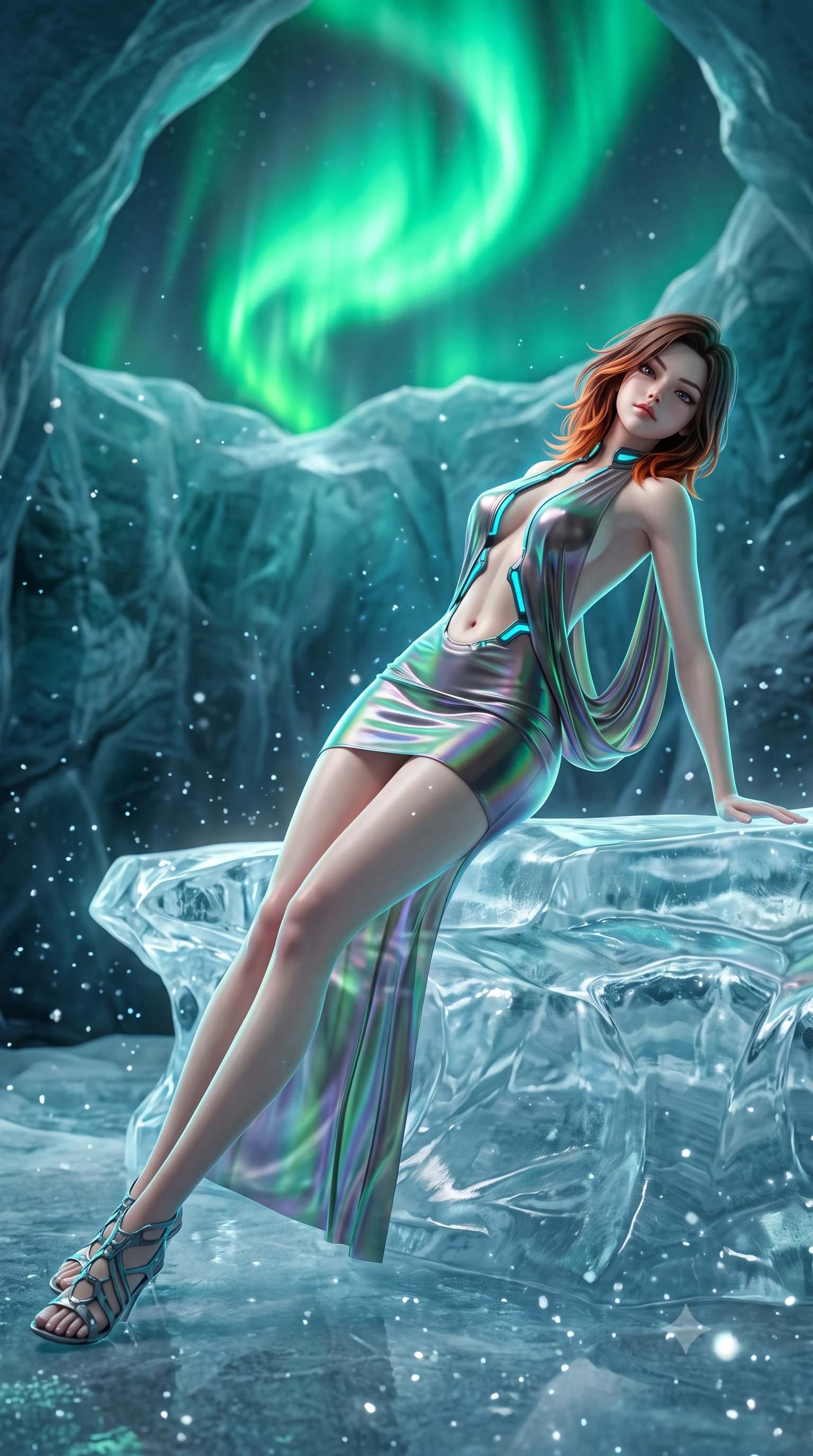 score_9, masterpiece, best quality, ultra-detailed, high-budget anime keyframe, semi-realistic 3D game render, editorial fashion photography, tasteful artistic composition, Korean woman. low angle full-body shot from head to toe showing her feet, filling the entire 9:16 vertical frame with her statuesque presence, stretching her vertical silhouette. arching her back in a fluid zero-gravity turn with sovereign grace, her long slender legs and sculpted torso creating a sweeping line while reclining along a sculpted ice dais inside a translucent glacial cavern as emerald aurora borealis swirls above. The composition keeps background elements in soft focus with creamy bokeh. glistening diamond dust motes scattering crystalline light across a serene arctic backdrop. She has an absolutely perfect, statuesque 8.5-heads proportion, an exceptionally tall and slender model-like female figure with impossibly long slender legs and an ultra-slim waist. sharp v-shaped jawline, high-bridge nose, intricate jewel-like eyes with depth, thick eyelashes, glossy lips with a natural sheen, flawlessly proportioned anatomical accuracy, natural body alignment, perfectly sculpted elegant limbs, clean dynamic posture without body distortion. wearing a precision-fitted liquid jersey bodycon dress with a dramatic draped cowl back that swoops down to her waist in translucent smoky quartz and iridescent holographic sheen, made of smooth iridescent silk chiffon that shifts colors with movement, featuring a dangerously unzipped neckline framed by glowing cybernetic accents, the daring cutouts accentuating her delicate midriff, graceful collarbones, and feminine contour. illuminated by crisp cool white key light and glowing cyan rim highlights tracing her skin. highly saturated vibrant anime colors, detailed shading with soft gradients, rich glossy textures, high-contrast stereoscopic depth, volumetric dynamic lighting, master piece, 9:16 ratio