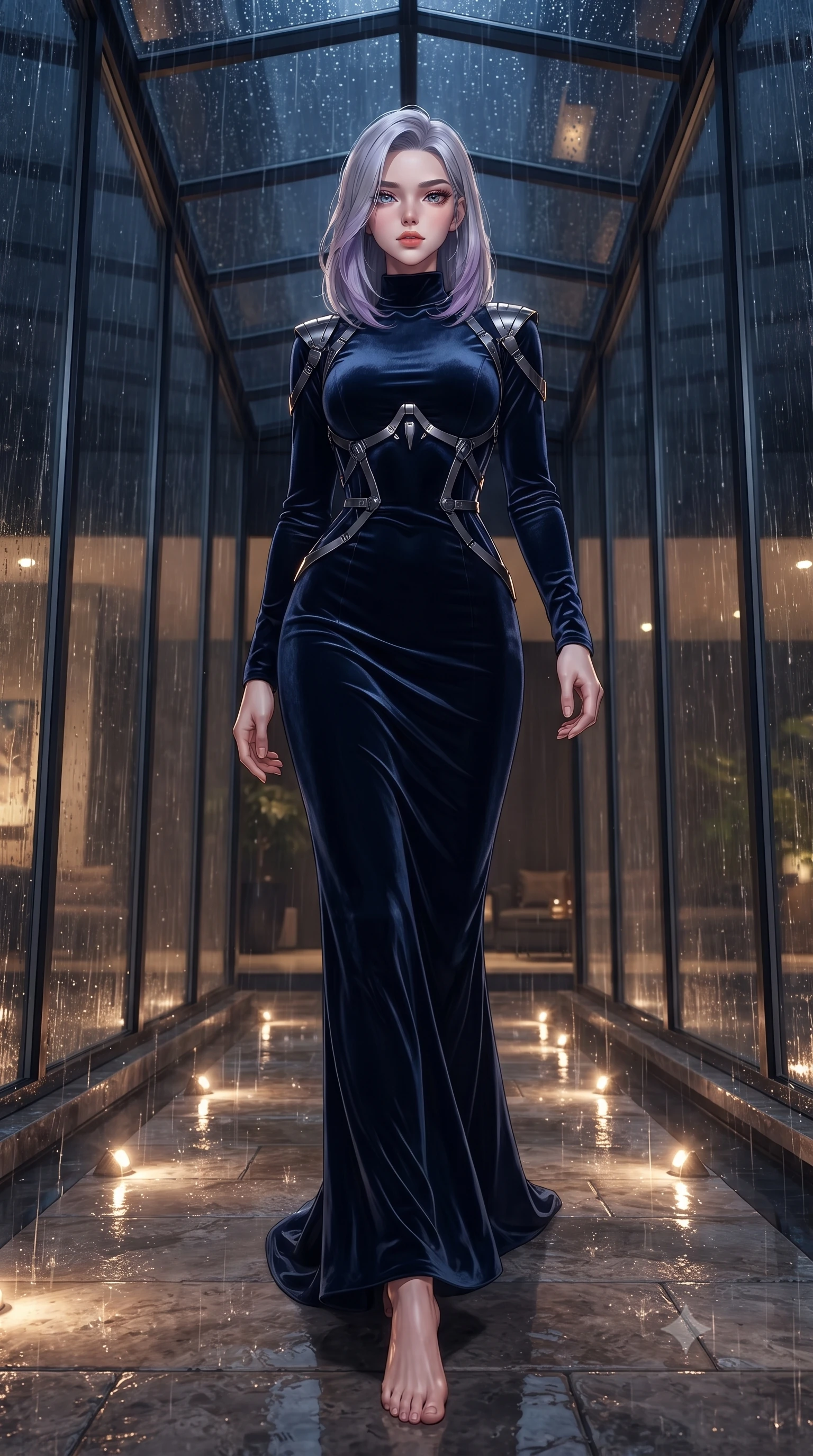 score_9, masterpiece, best quality, ultra-detailed, high-budget anime keyframe, editorial fashion photography, tasteful artistic composition, Caucasian woman. low angle full-body shot from head to toe showing her feet, filling the entire 9:16 vertical frame with her statuesque presence, stretching her vertical silhouette. stepping gracefully through the luxurious environment, stretching her statuesque silhouette, poised on a wet stone walkway as rain streams down surrounding glass walls, torrential rain streaming down glass roof glinting under warm floor spotlights. She has an absolutely perfect, statuesque 8.5-heads proportion, an exceptionally tall and slender model-like female figure with impossibly long slender legs and an ultra-slim waist. sharp v-shaped jawline, high-bridge nose, intricate jewel-like eyes with depth, thick eyelashes, glossy lips with a natural sheen. wearing floor-length high-neck midnight navy velvet gown with long sleeves in midnight navy blue, made of liquid dark mercury jersey, highlighted by a gunmetal metallic harness structure, contouring every curve with an exceptionally elegant silhouette. surrounded by a moody nocturnal glow with sharp specular water glints. highly saturated vibrant anime colors, detailed shading with soft gradients, rich glossy textures, high-contrast stereoscopic depth, volumetric dynamic lighting, master piece, 9:16 ratio