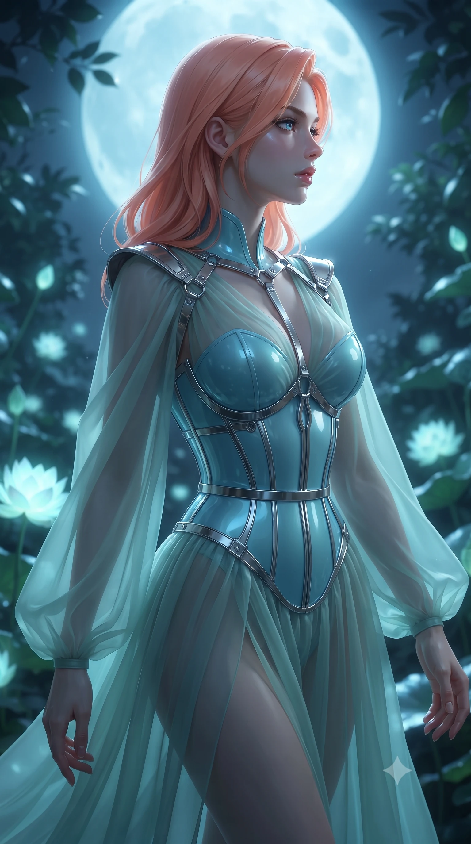 score_9, masterpiece, best quality, ultra-detailed, high-budget anime keyframe, editorial fashion photography, tasteful artistic composition, Japanese woman. close-up cowboy shot from the waist and thighs up, the character dominates the composition, filling the frame with her large presence, background elements kept in soft focus. Turning her face in sharp dramatic profile against the radiant light, walking through a shadowy garden filled with glowing opal lotus vines under a full moon, mysterious nocturnal elegance in her composed posture. She has an exceptionally elegant, slender, and willowy female figure with an ultra-slim waist, a gracefully sculpted slender torso, and a refined silhouette. sharp v-shaped jawline, high-bridge nose, intricate jewel-like eyes with depth, thick eyelashes, glossy lips with a natural sheen. wearing semi-opaque sheer seafoam chiffon gown revealing structured corset silhouette in sky blue turquoise, made of high-gloss liquid pearl vinyl, highlighted by a platinum metallic harness structure, sculpting her athletic slender build with refined precision. lit by quiet moonlit key rays piercing through dark garden foliage. ultra-reflective glossy finish, specular highlights, metallic sheen, high-contrast stereoscopic depth, volumetric dynamic lighting, 2k, ultra detail, master piece, 9:16 ratio